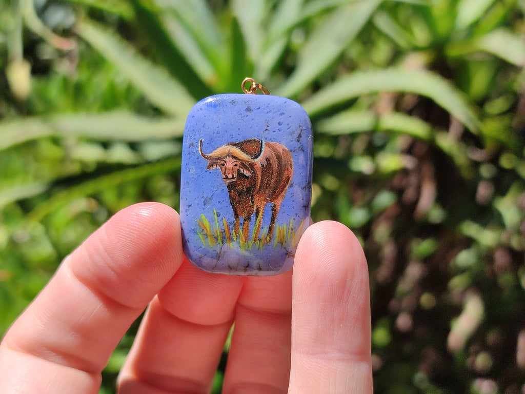 Polished Dumortierite Pendants with Hand Painted Buffalo - sold per item - From Mozambique - Toprock Gemstones and Minerals 