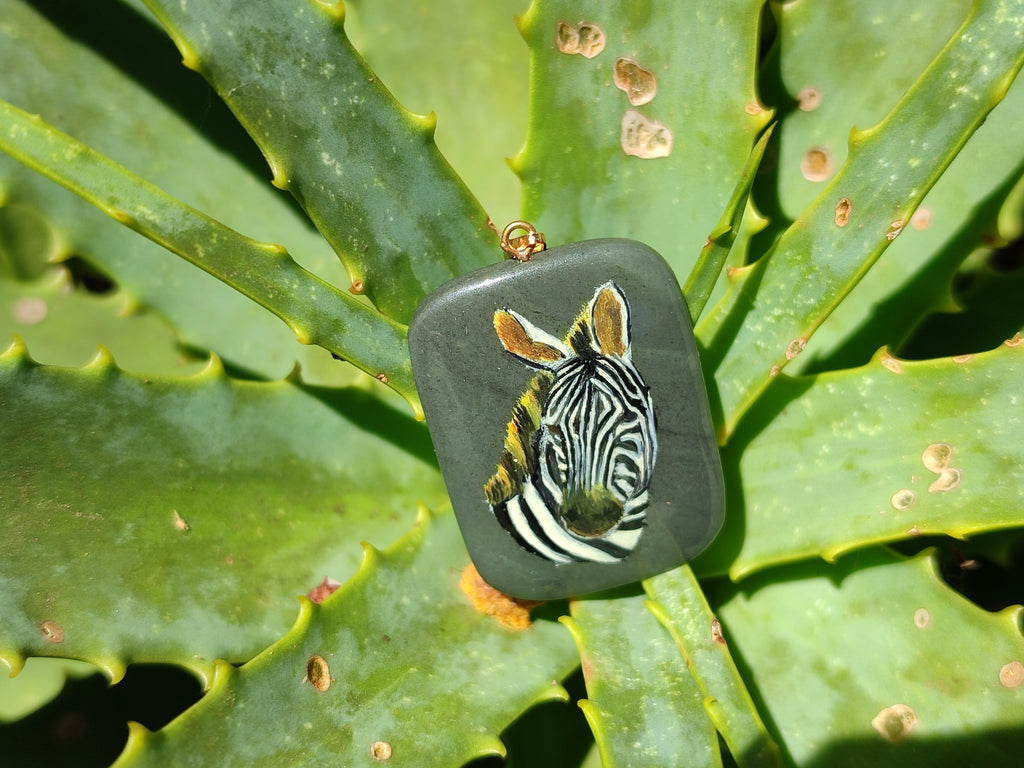 Polished Polychrome Jasper Pendant with Hand Painted Zebras - sold per item - From Madagascar - Toprock Gemstones and Minerals 