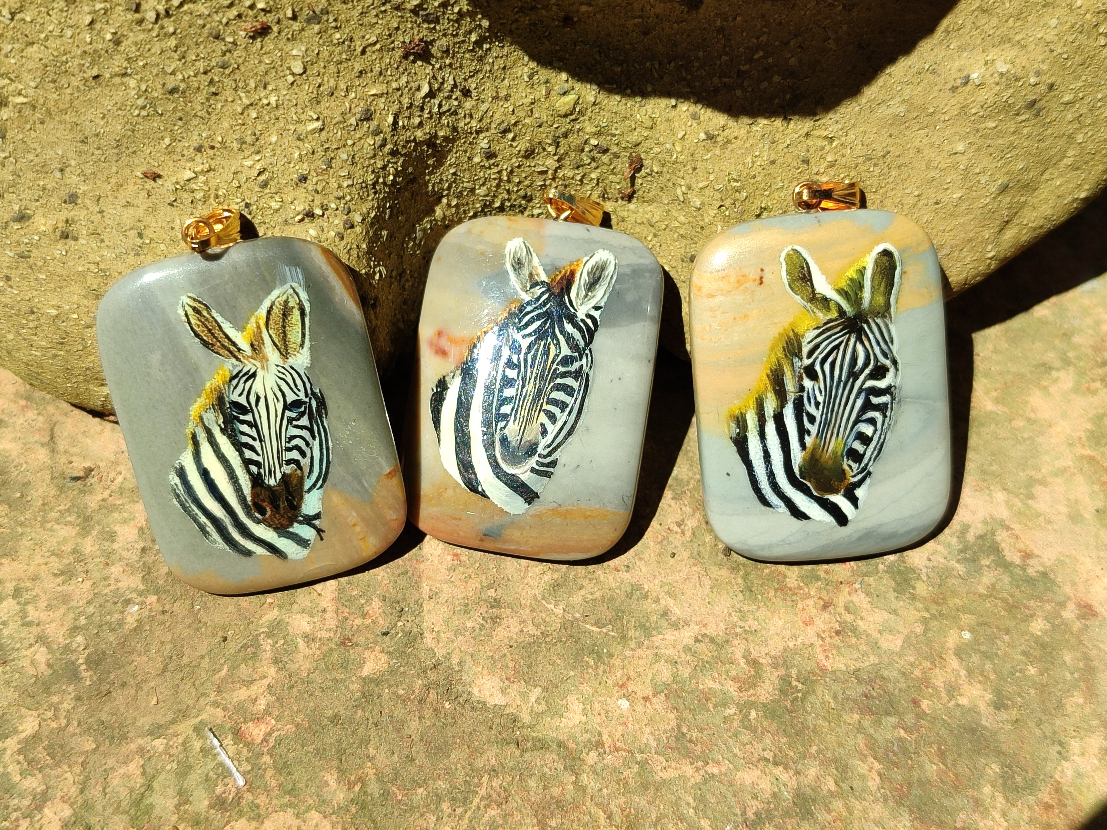 Polished Polychrome Jasper Pendant with Hand Painted Zebras - sold per item - From Madagascar - Toprock Gemstones and Minerals 