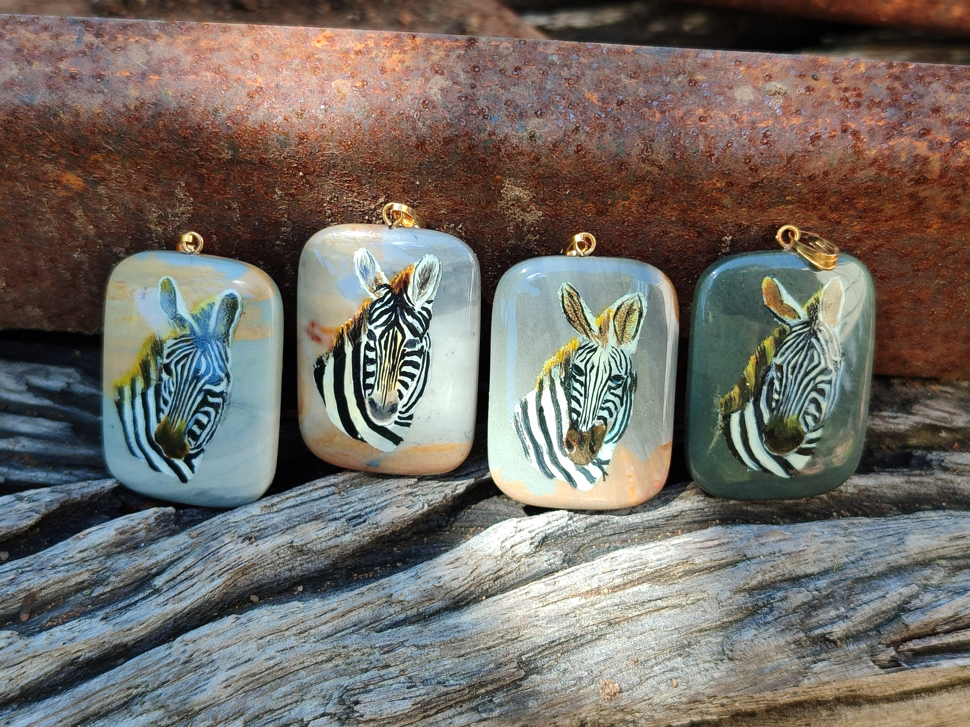 Polished Polychrome Jasper Pendant with Hand Painted Zebras - sold per item - From Madagascar - Toprock Gemstones and Minerals 