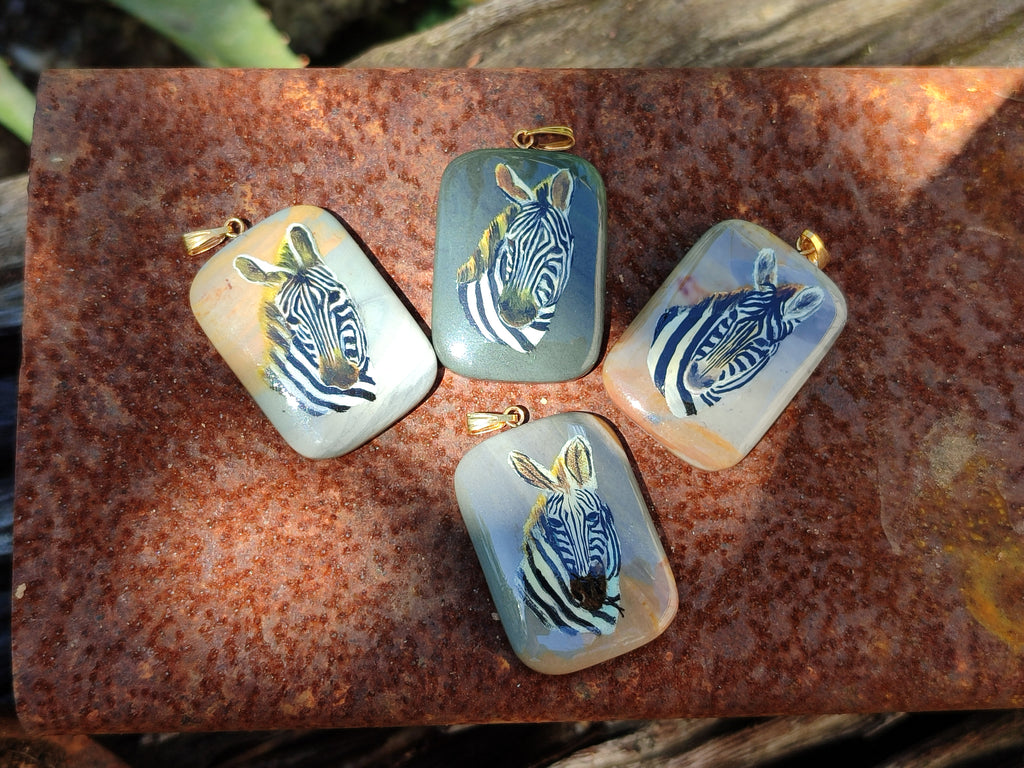 Polished Polychrome Jasper Pendant with Hand Painted Zebras - sold per item - From Madagascar - Toprock Gemstones and Minerals 