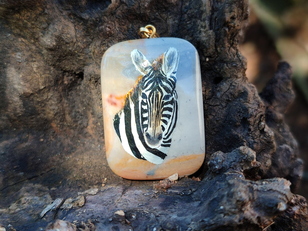 Polished Polychrome Jasper Pendant with Hand Painted Zebras - sold per item - From Madagascar - Toprock Gemstones and Minerals 