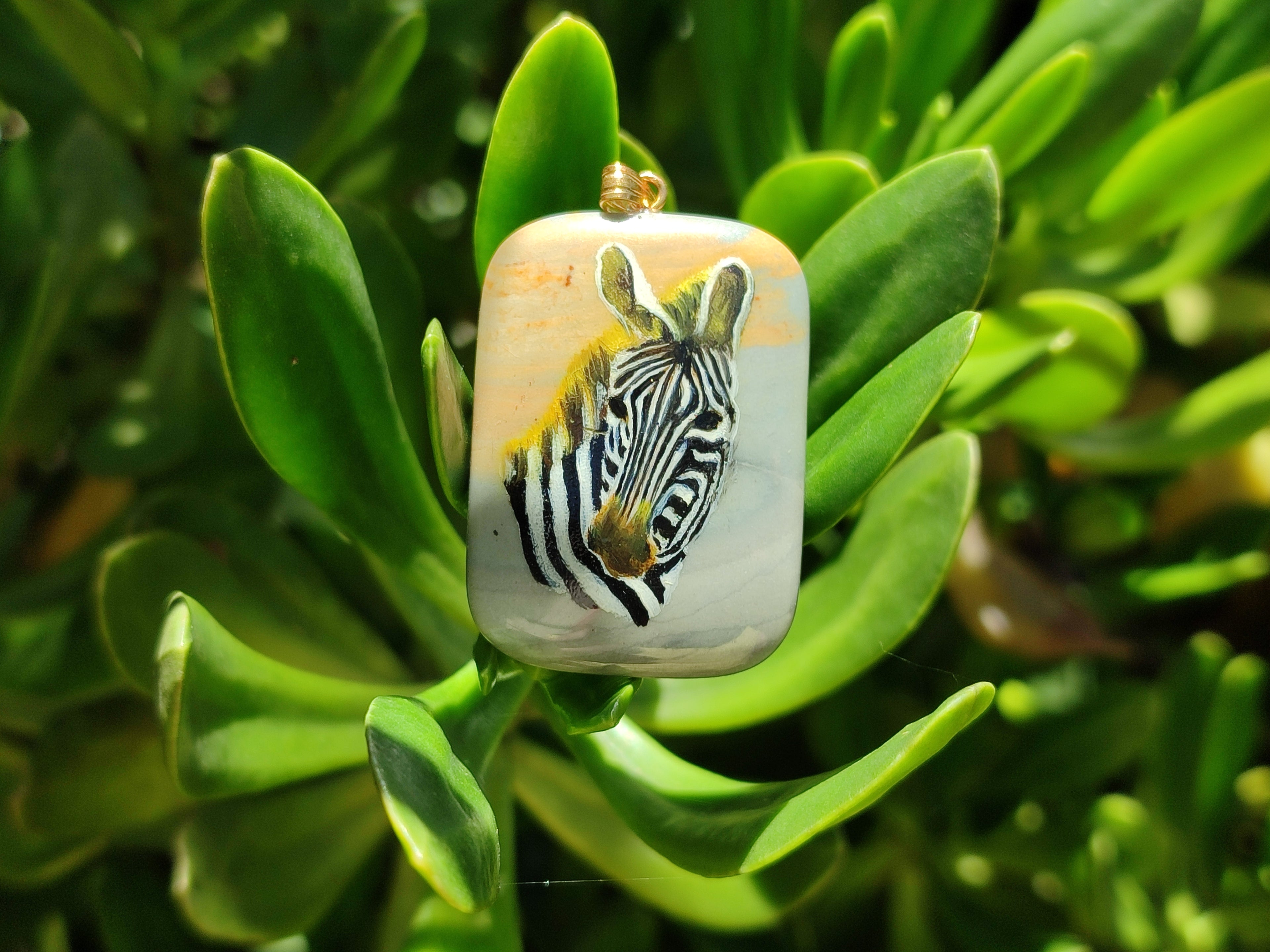 Polished Polychrome Jasper Pendant with Hand Painted Zebras - sold per item - From Madagascar - Toprock Gemstones and Minerals 
