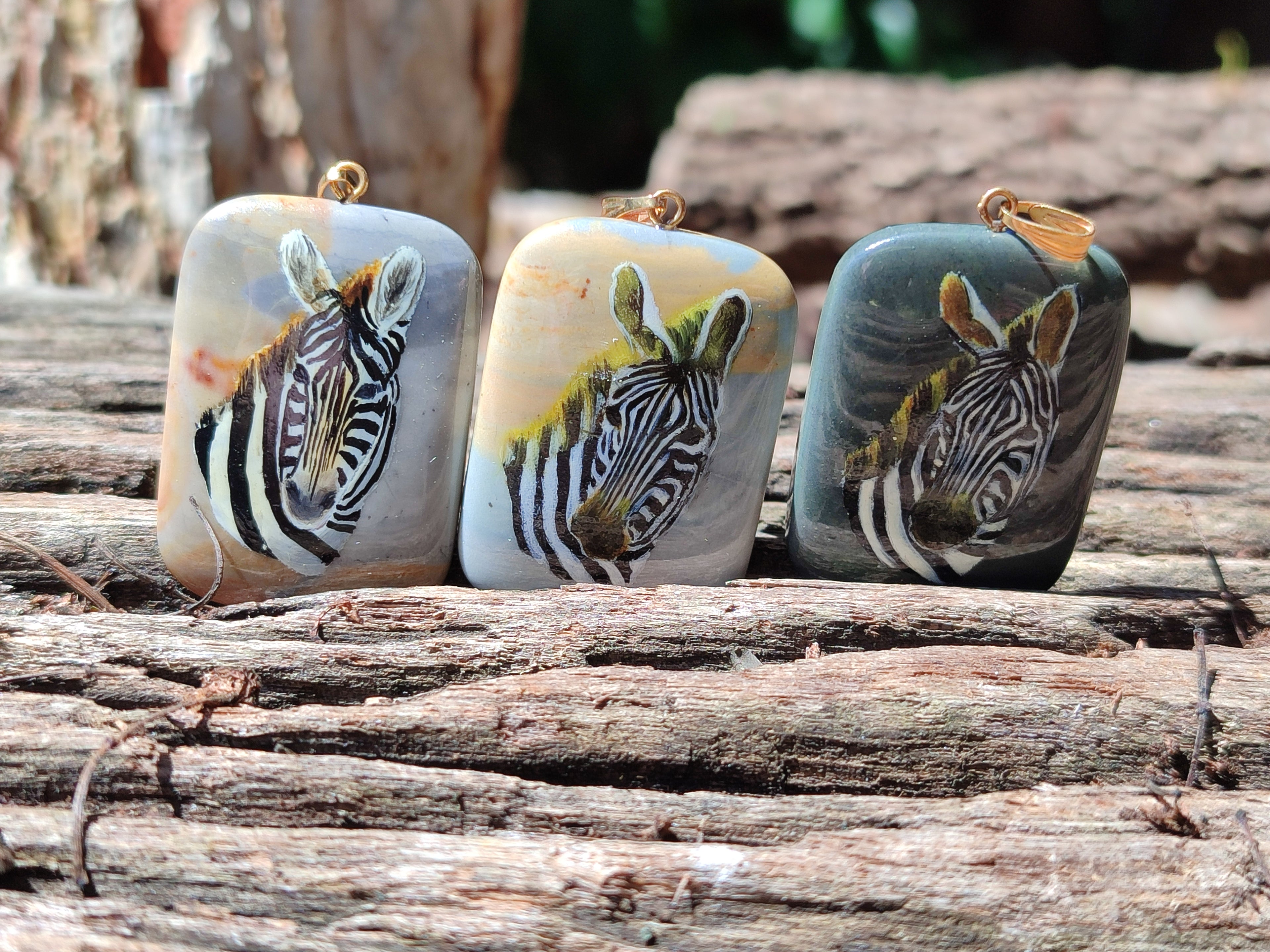 Polished Polychrome Jasper Pendant with Hand Painted Zebras - sold per item - From Madagascar - Toprock Gemstones and Minerals 