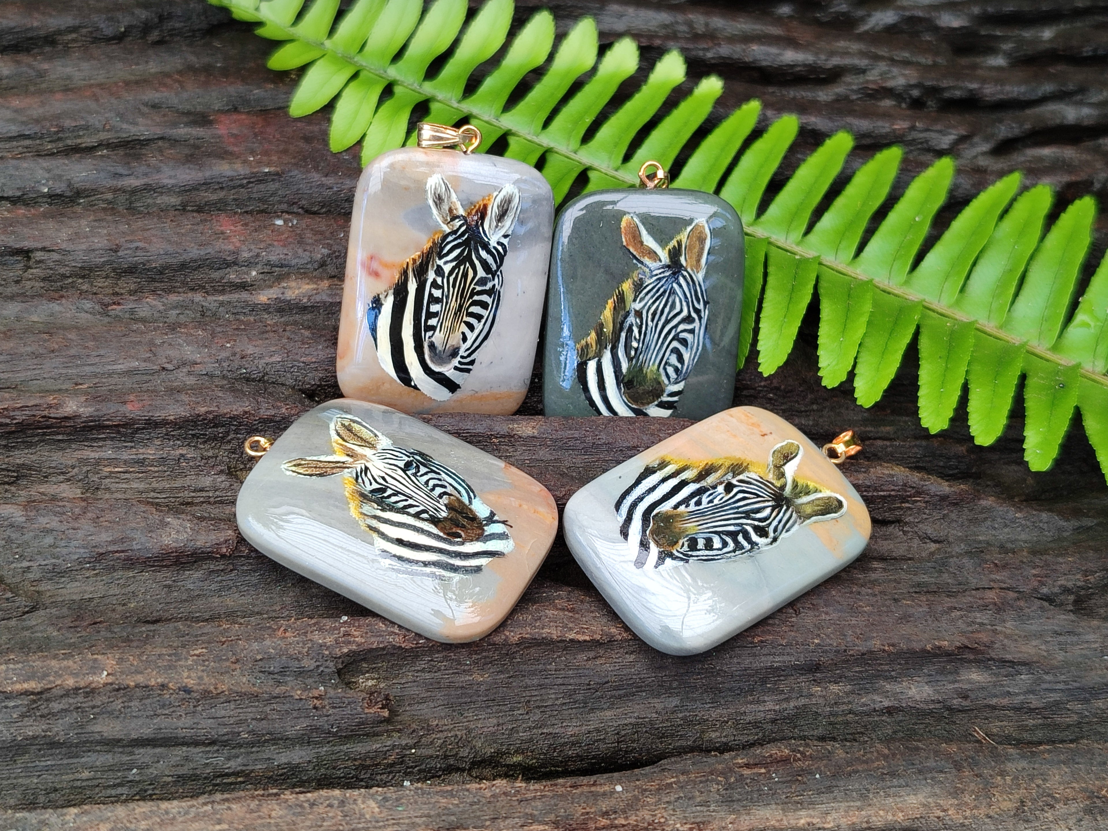 Polished Polychrome Jasper Pendant with Hand Painted Zebras - sold per item - From Madagascar - Toprock Gemstones and Minerals 