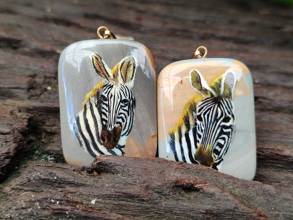 Polished Polychrome Jasper Pendant with Hand Painted Zebras - sold per item - From Madagascar - Toprock Gemstones and Minerals 