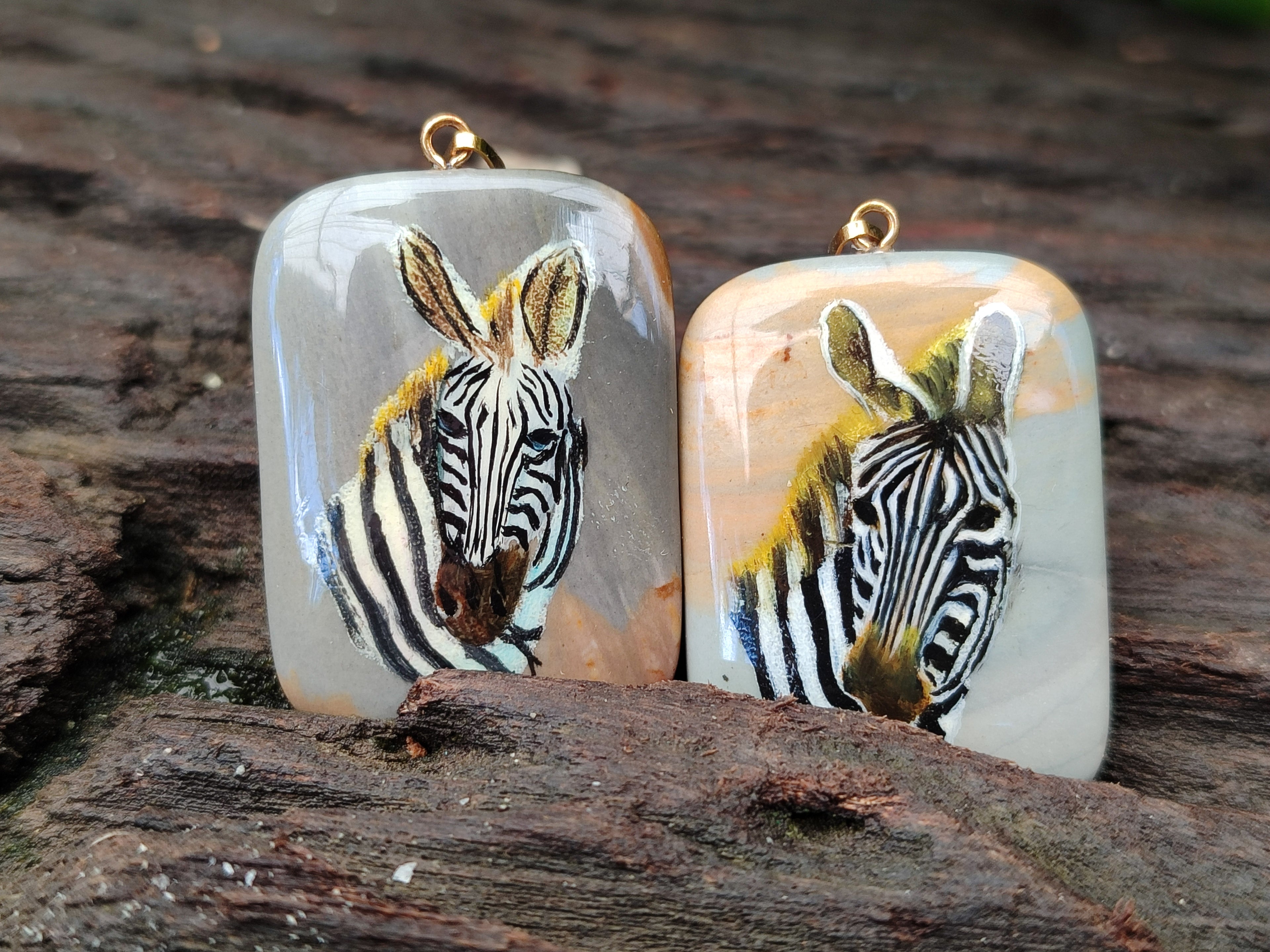 Polished Polychrome Jasper Pendant with Hand Painted Zebras - sold per item - From Madagascar - Toprock Gemstones and Minerals 
