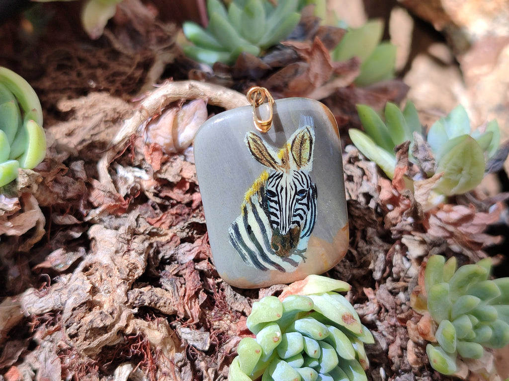 Polished Polychrome Jasper Pendant with Hand Painted Zebras - sold per item - From Madagascar - Toprock Gemstones and Minerals 
