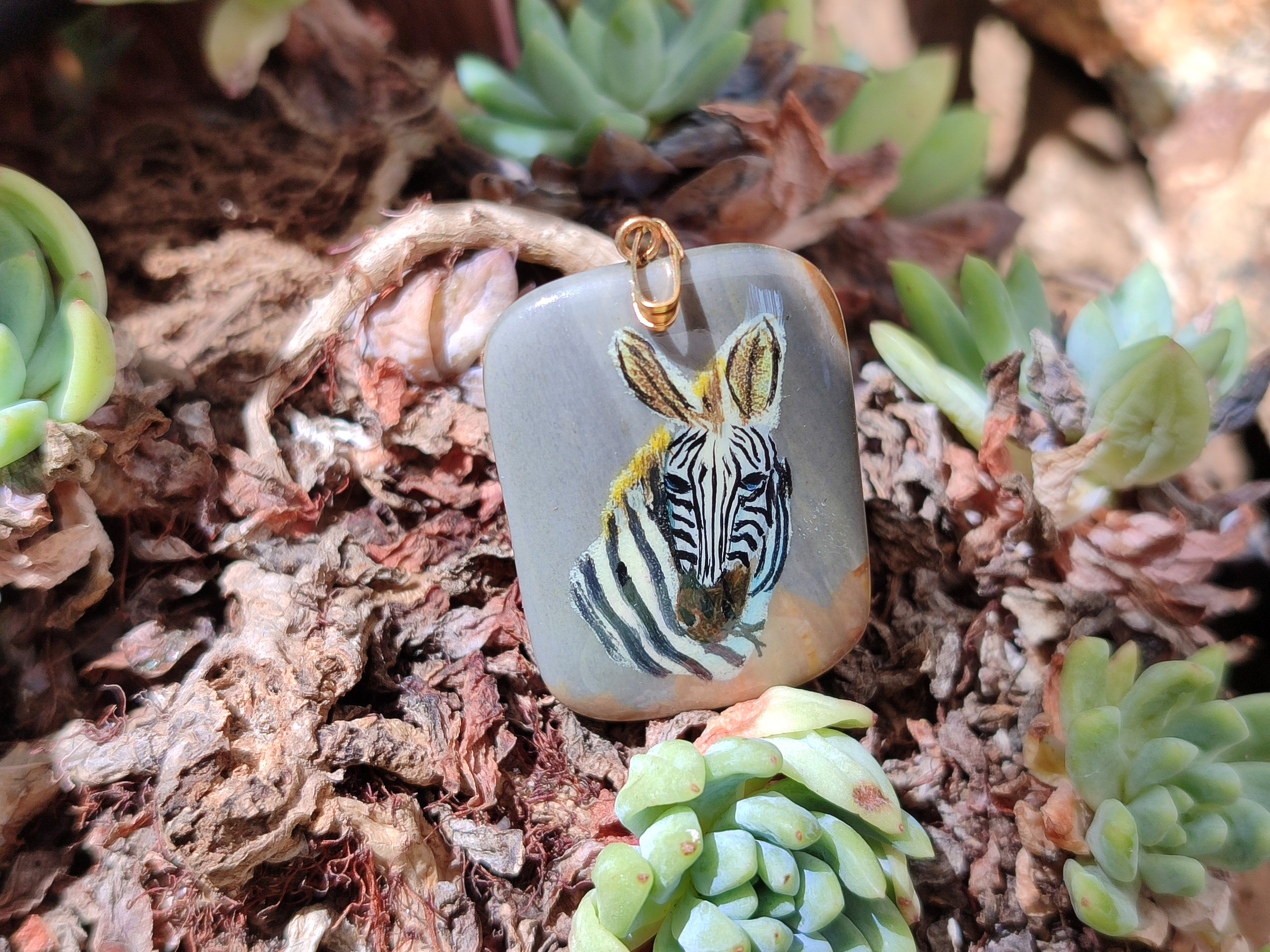 Polished Polychrome Jasper Pendant with Hand Painted Zebras - sold per item - From Madagascar - Toprock Gemstones and Minerals 