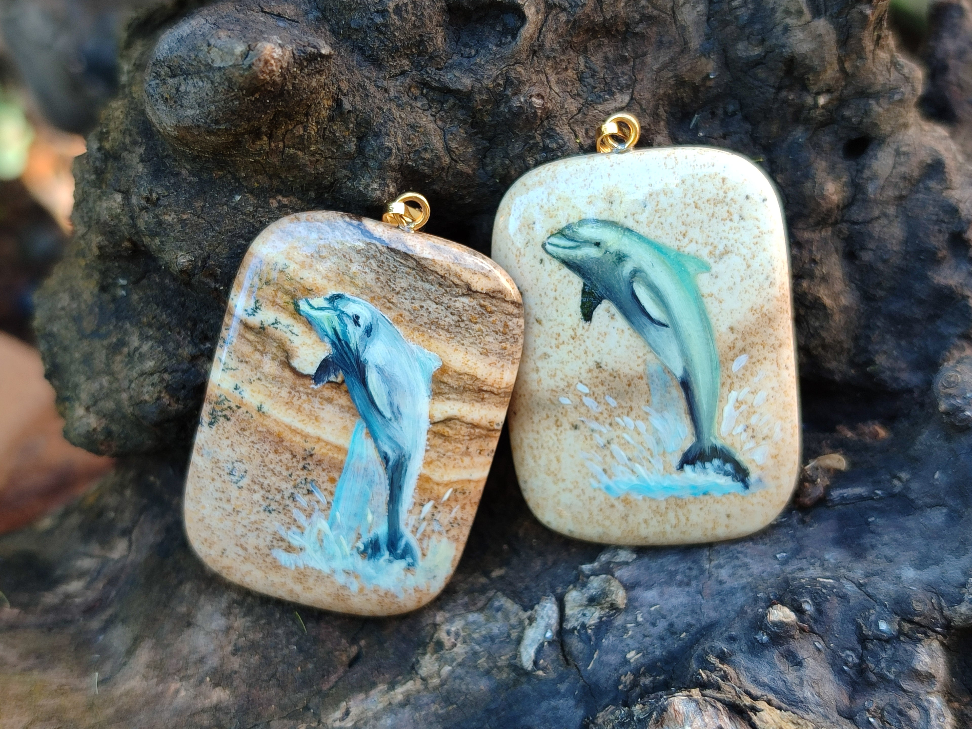 Polished Picture Stone Pendant with Hand Painted Dolphin - Sold Per Item - From Namibia - Toprock Gemstones and Minerals 