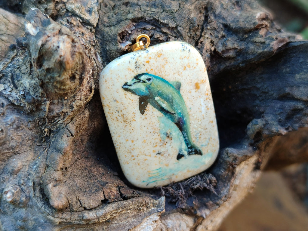 Polished Picture Stone Pendant with Hand Painted Dolphin - Sold Per Item - From Namibia - Toprock Gemstones and Minerals 