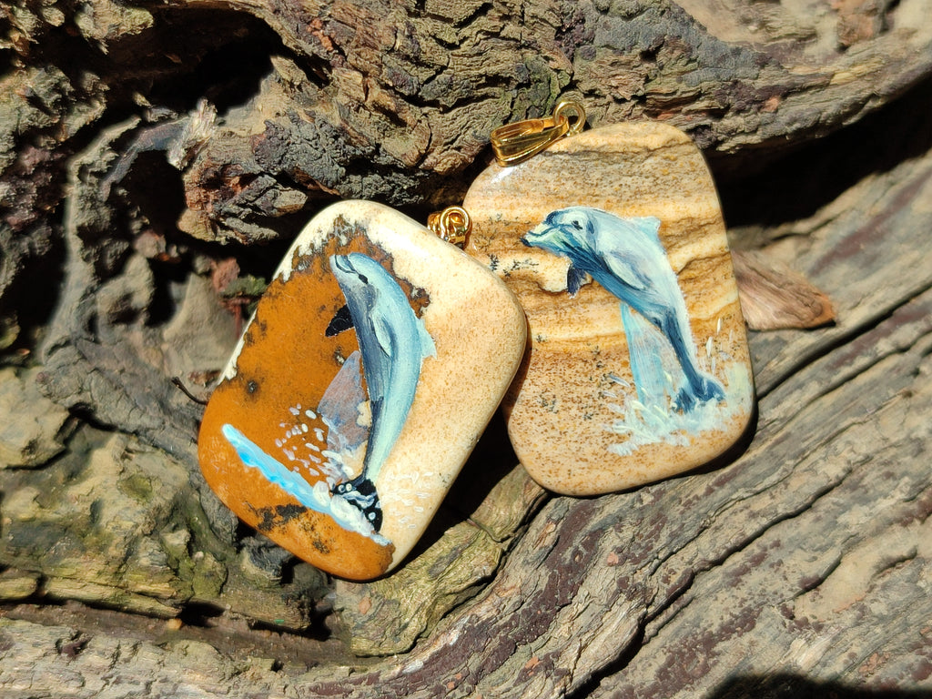 Polished Picture Stone Pendant with Hand Painted Dolphin - Sold Per Item - From Namibia - Toprock Gemstones and Minerals 