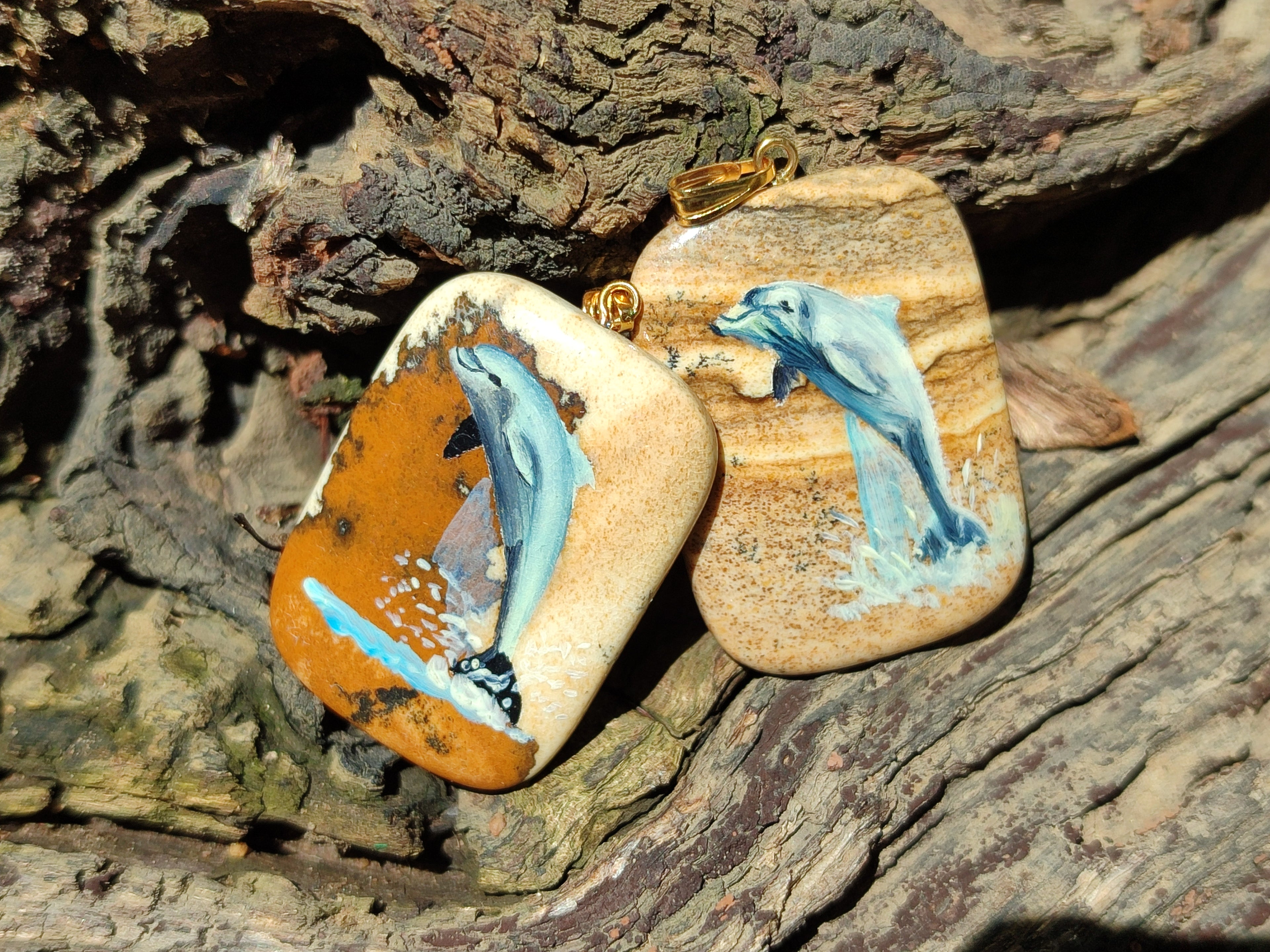 Polished Picture Stone Pendant with Hand Painted Dolphin - Sold Per Item - From Namibia - Toprock Gemstones and Minerals 