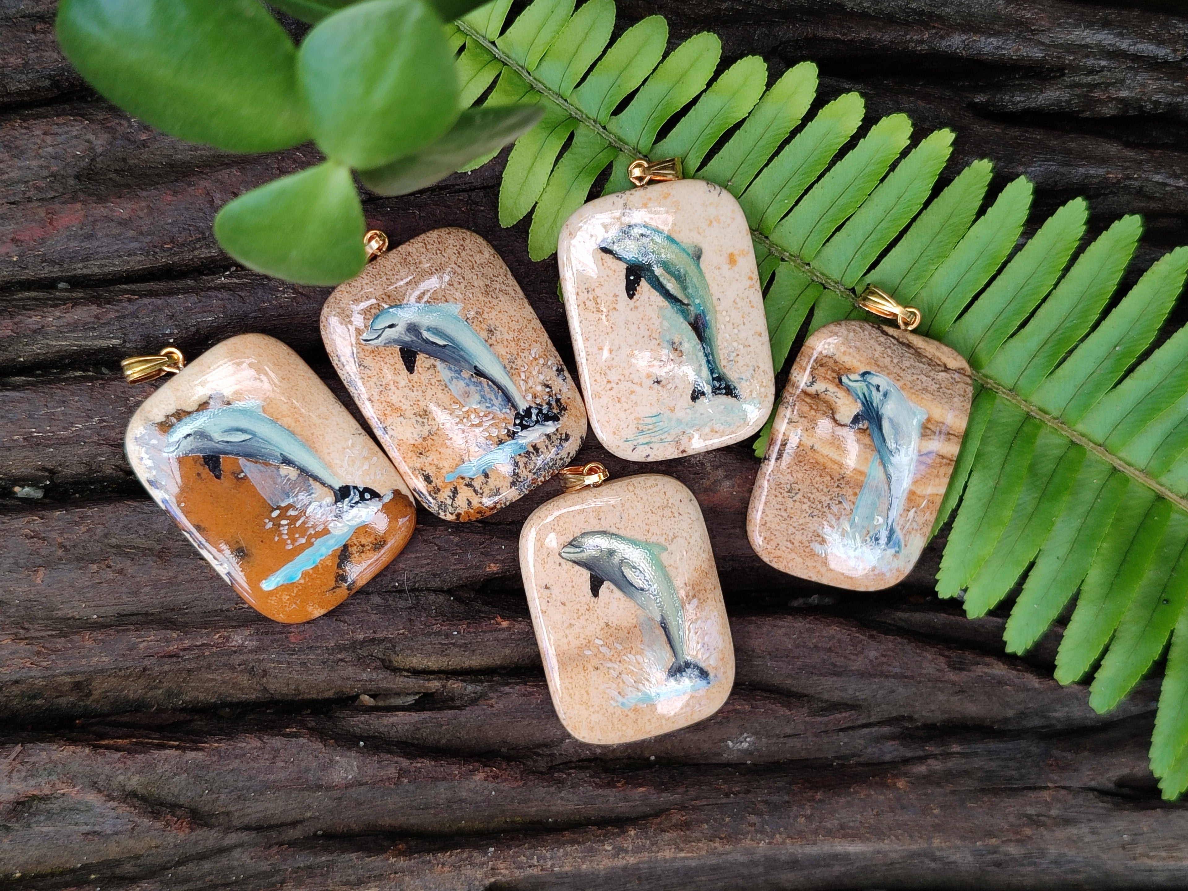 Polished Picture Stone Pendant with Hand Painted Dolphin - Sold Per Item - From Namibia - Toprock Gemstones and Minerals 