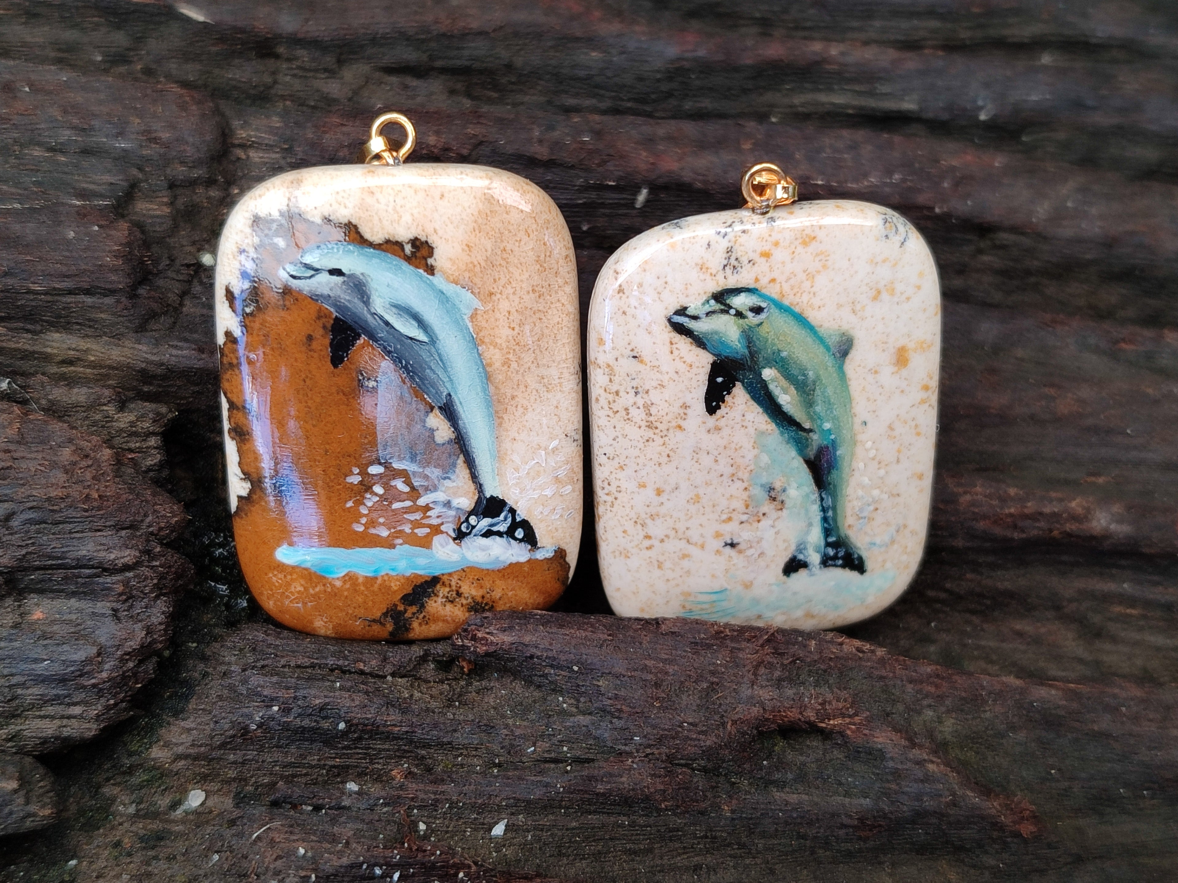 Polished Picture Stone Pendant with Hand Painted Dolphin - Sold Per Item - From Namibia - Toprock Gemstones and Minerals 