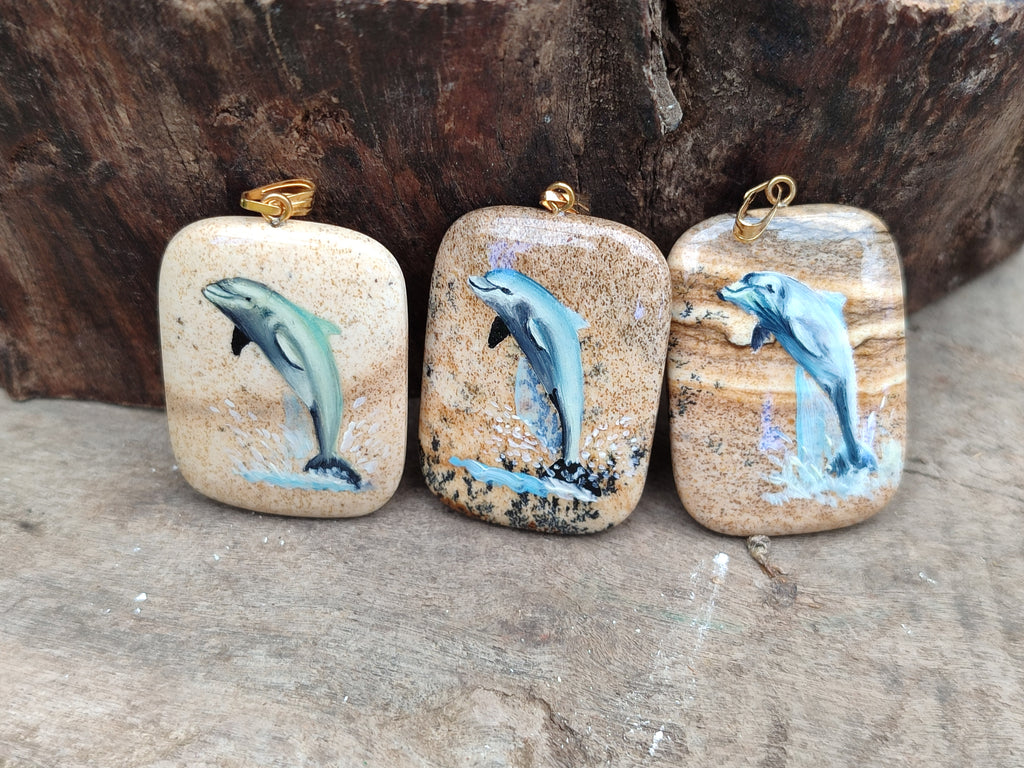 Polished Picture Stone Pendant with Hand Painted Dolphin - Sold Per Item - From Namibia - Toprock Gemstones and Minerals 