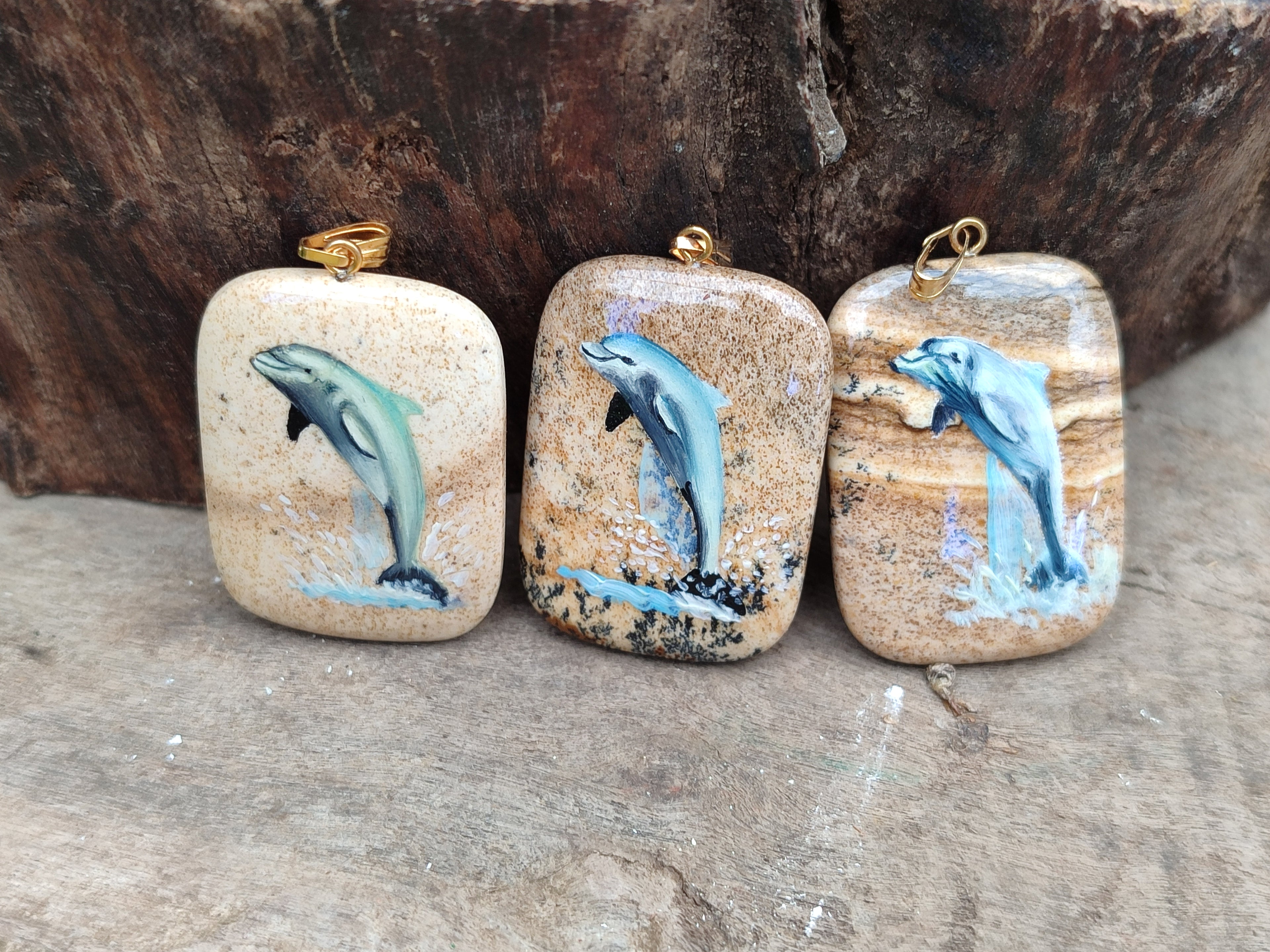 Polished Picture Stone Pendant with Hand Painted Dolphin - Sold Per Item - From Namibia - Toprock Gemstones and Minerals 