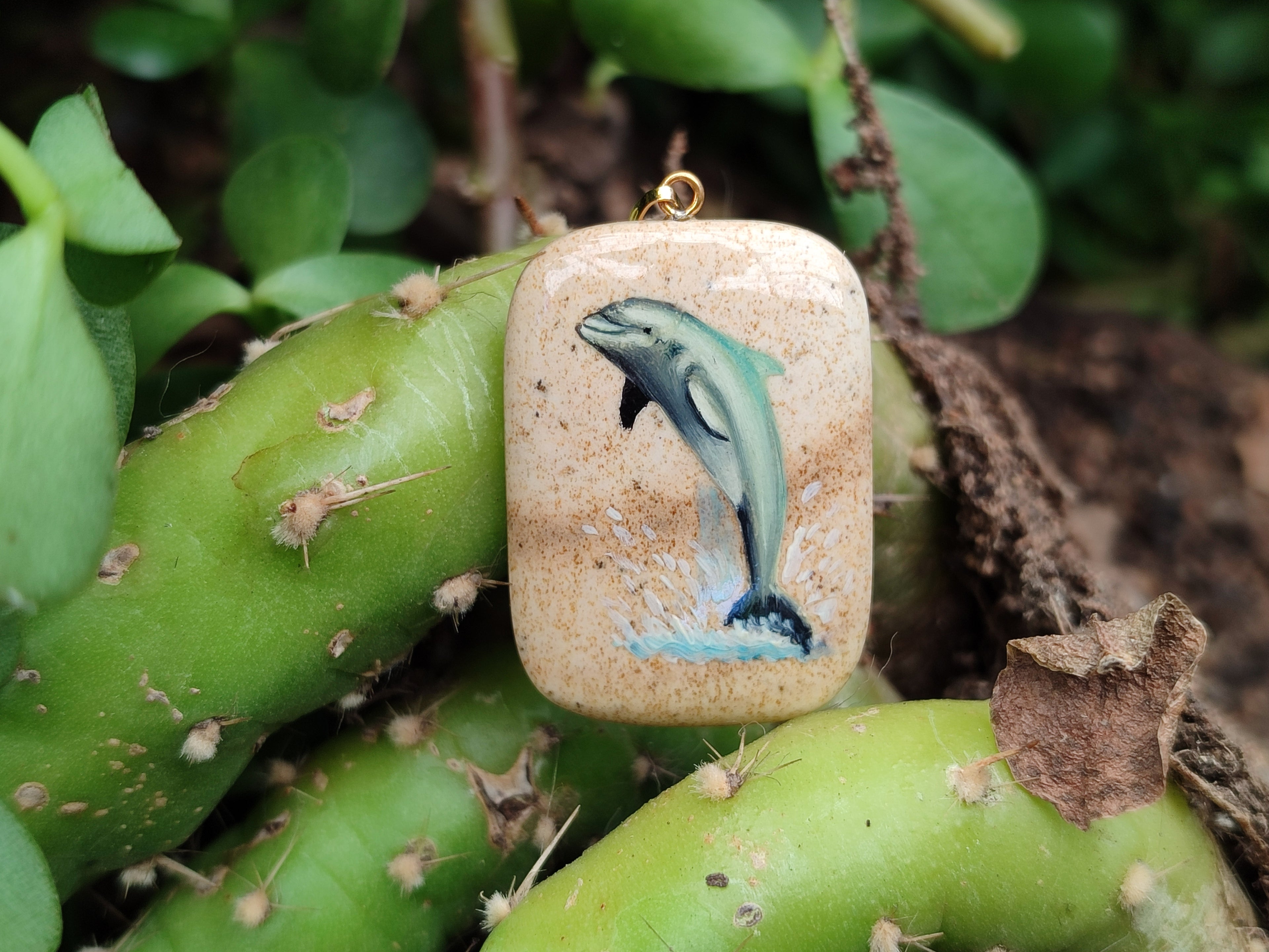 Polished Picture Stone Pendant with Hand Painted Dolphin - Sold Per Item - From Namibia - Toprock Gemstones and Minerals 