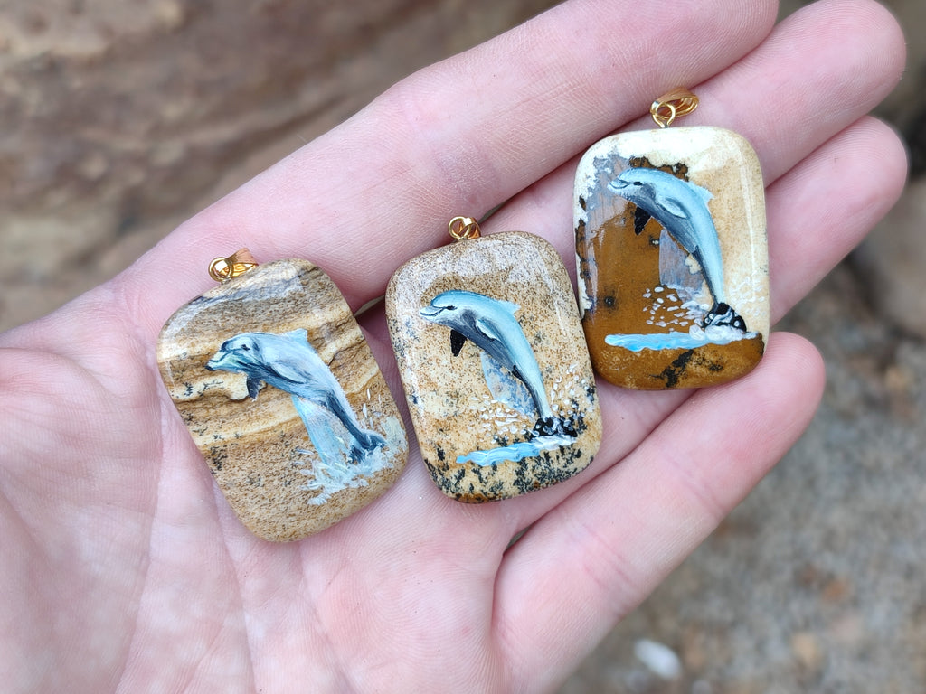 Polished Picture Stone Pendant with Hand Painted Dolphin - Sold Per Item - From Namibia - Toprock Gemstones and Minerals 