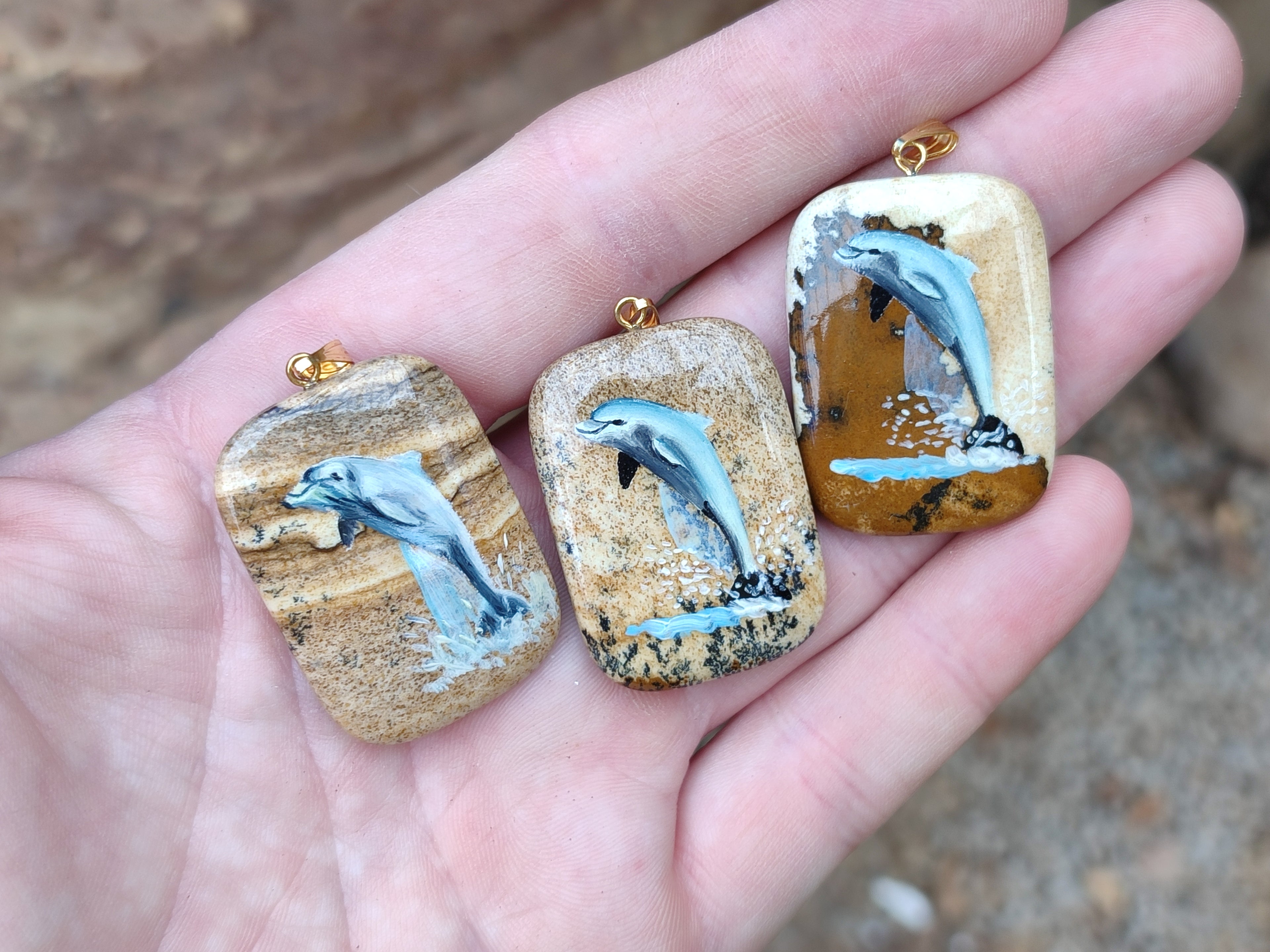 Polished Picture Stone Pendant with Hand Painted Dolphin - Sold Per Item - From Namibia - Toprock Gemstones and Minerals 