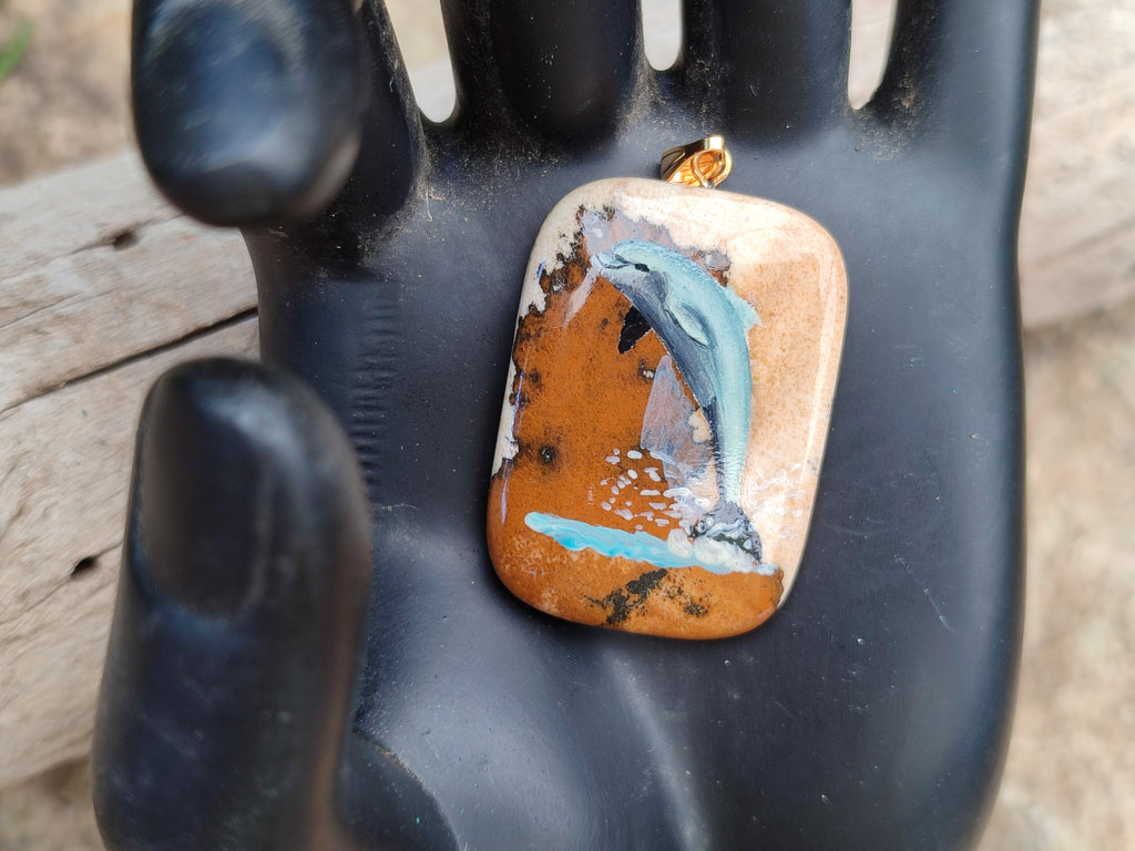 Polished Picture Stone Pendant with Hand Painted Dolphin - Sold Per Item - From Namibia - Toprock Gemstones and Minerals 
