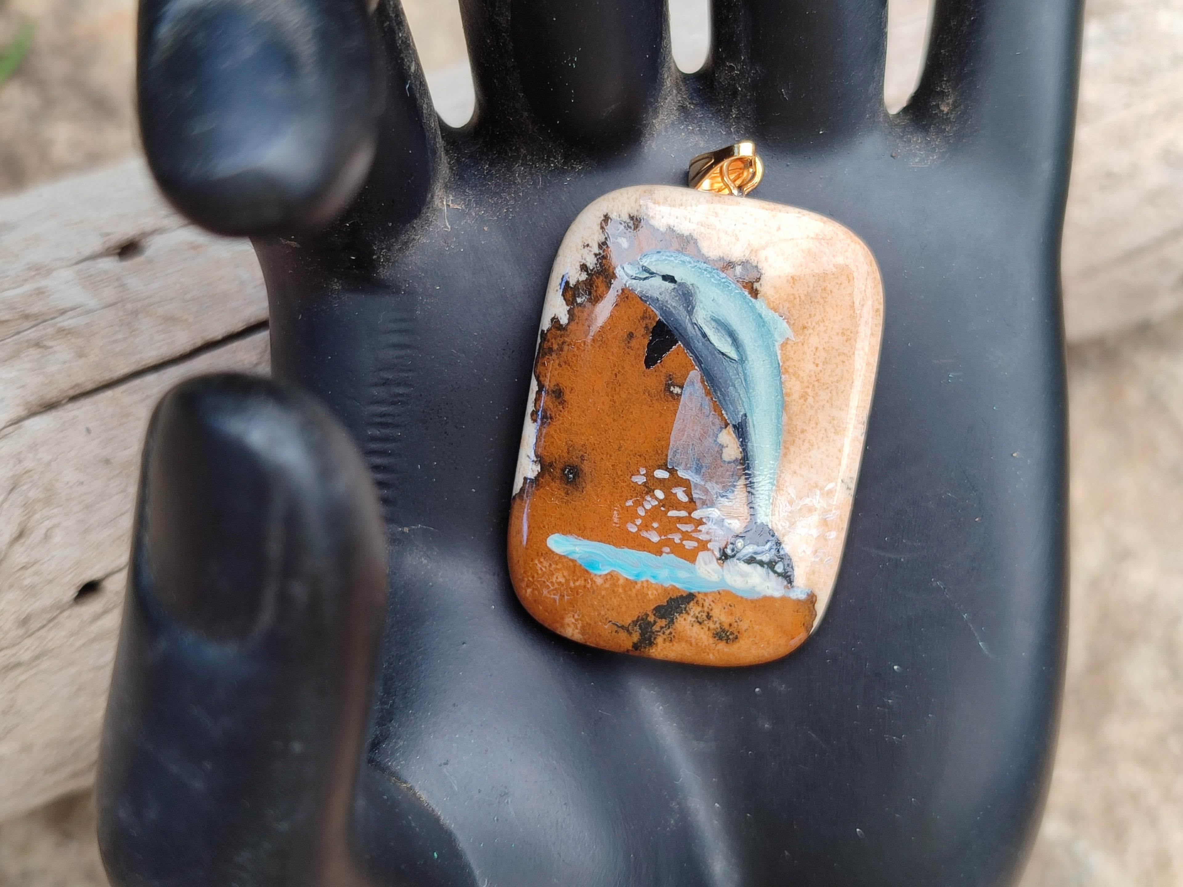 Polished Picture Stone Pendant with Hand Painted Dolphin - Sold Per Item - From Namibia - Toprock Gemstones and Minerals 