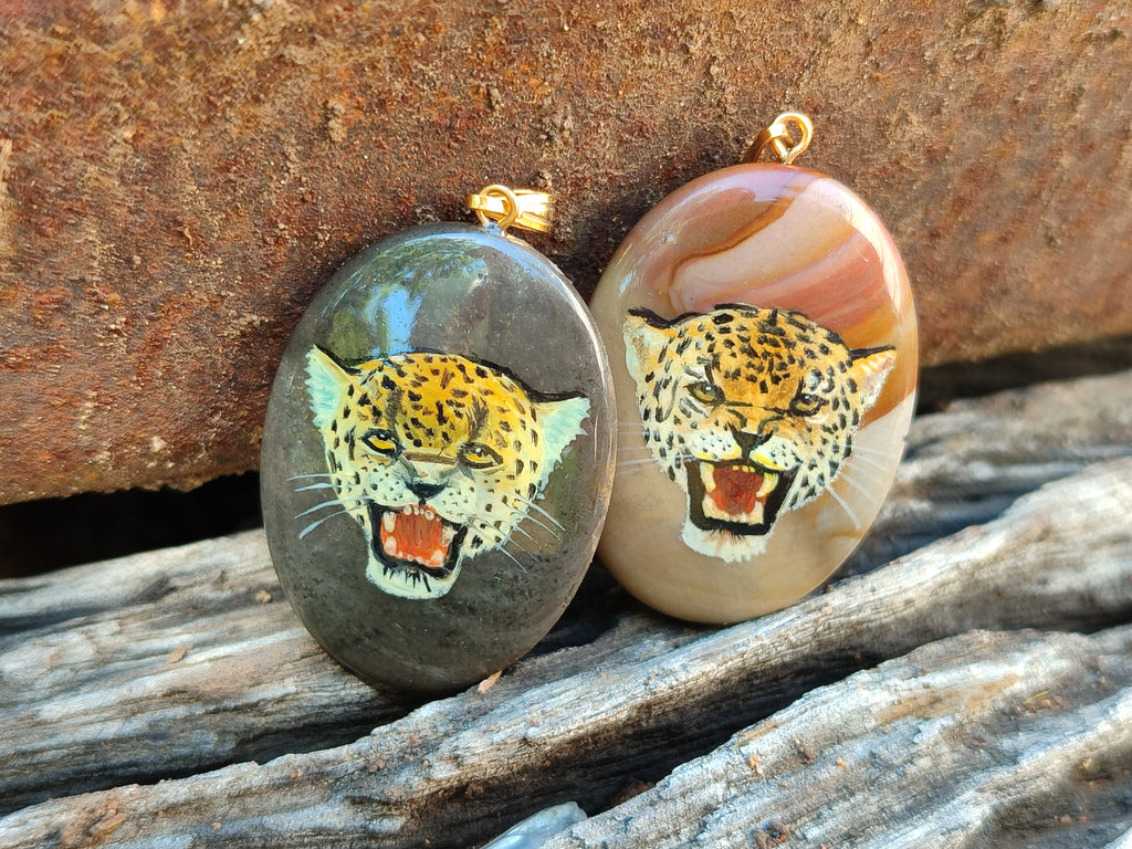 Polished Polychrome Jasper Pendant with Hand Painted Leopard - sold per item - From Madagascar - Toprock Gemstones and Minerals 