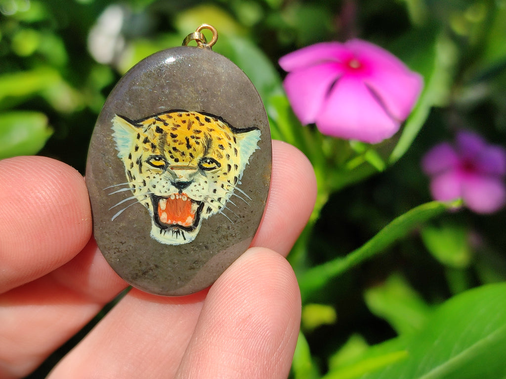 Polished Polychrome Jasper Pendant with Hand Painted Leopard - sold per item - From Madagascar - Toprock Gemstones and Minerals 