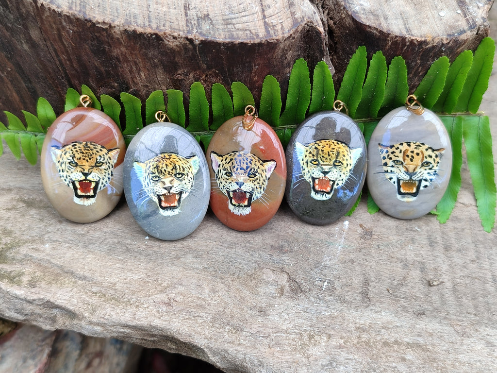 Polished Polychrome Jasper Pendant with Hand Painted Leopard - sold per item - From Madagascar - Toprock Gemstones and Minerals 
