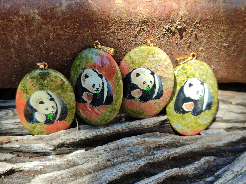 Polished Unakite Pendant with Hand Painted Panda - Sold Per Item - From South Africa - Toprock Gemstones and Minerals 