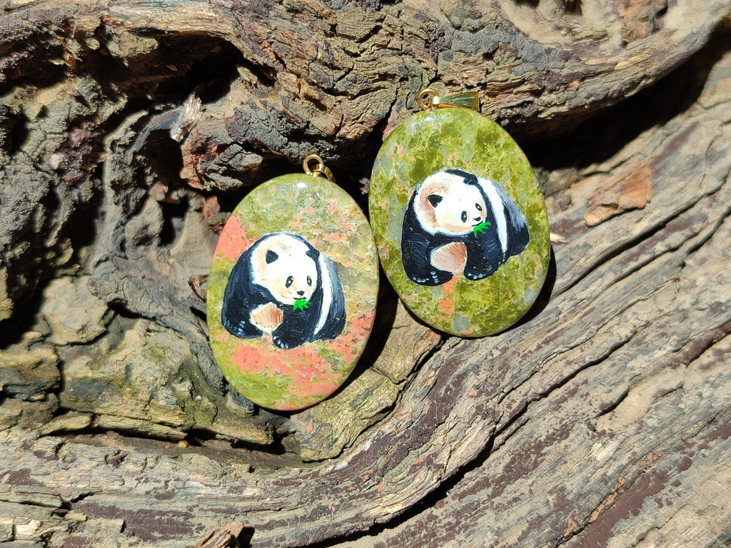 Polished Unakite Pendant with Hand Painted Panda - Sold Per Item - From South Africa - Toprock Gemstones and Minerals 