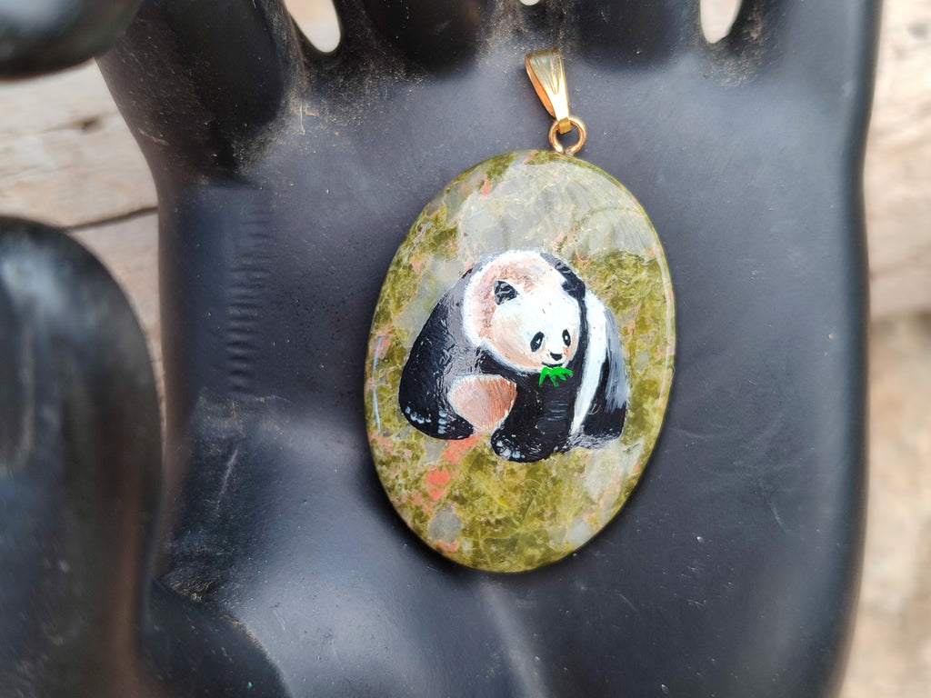 Polished Unakite Pendant with Hand Painted Panda - Sold Per Item - From South Africa - Toprock Gemstones and Minerals 