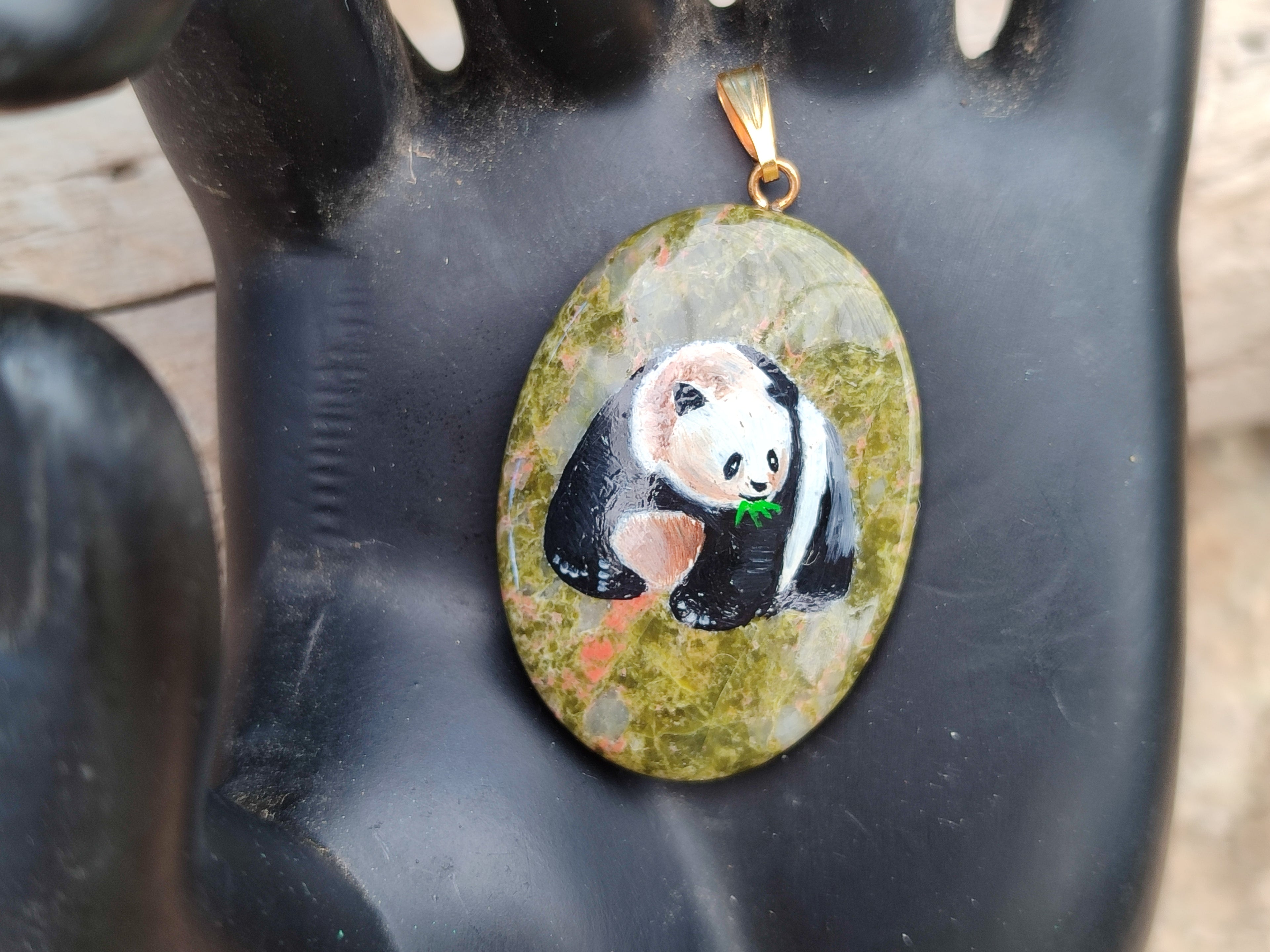 Polished Unakite Pendant with Hand Painted Panda - Sold Per Item - From South Africa - Toprock Gemstones and Minerals 