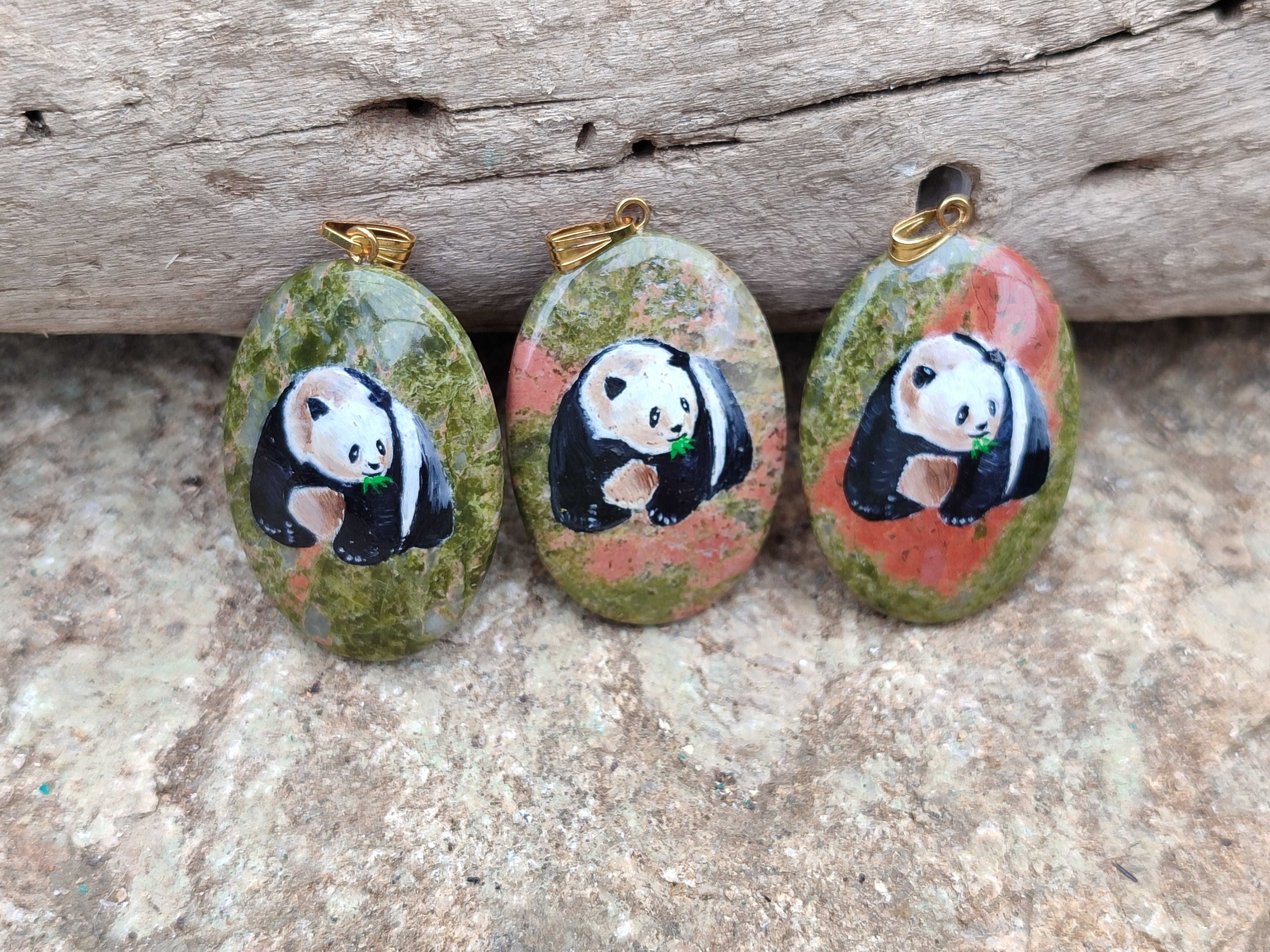 Polished Unakite Pendant with Hand Painted Panda - Sold Per Item - From South Africa - Toprock Gemstones and Minerals 