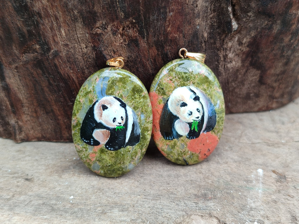 Polished Unakite Pendant with Hand Painted Panda - Sold Per Item - From South Africa - Toprock Gemstones and Minerals 