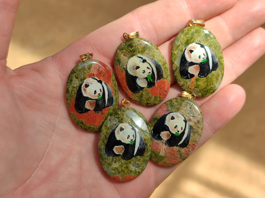Polished Unakite Pendant with Hand Painted Panda - Sold Per Item - From South Africa - Toprock Gemstones and Minerals 