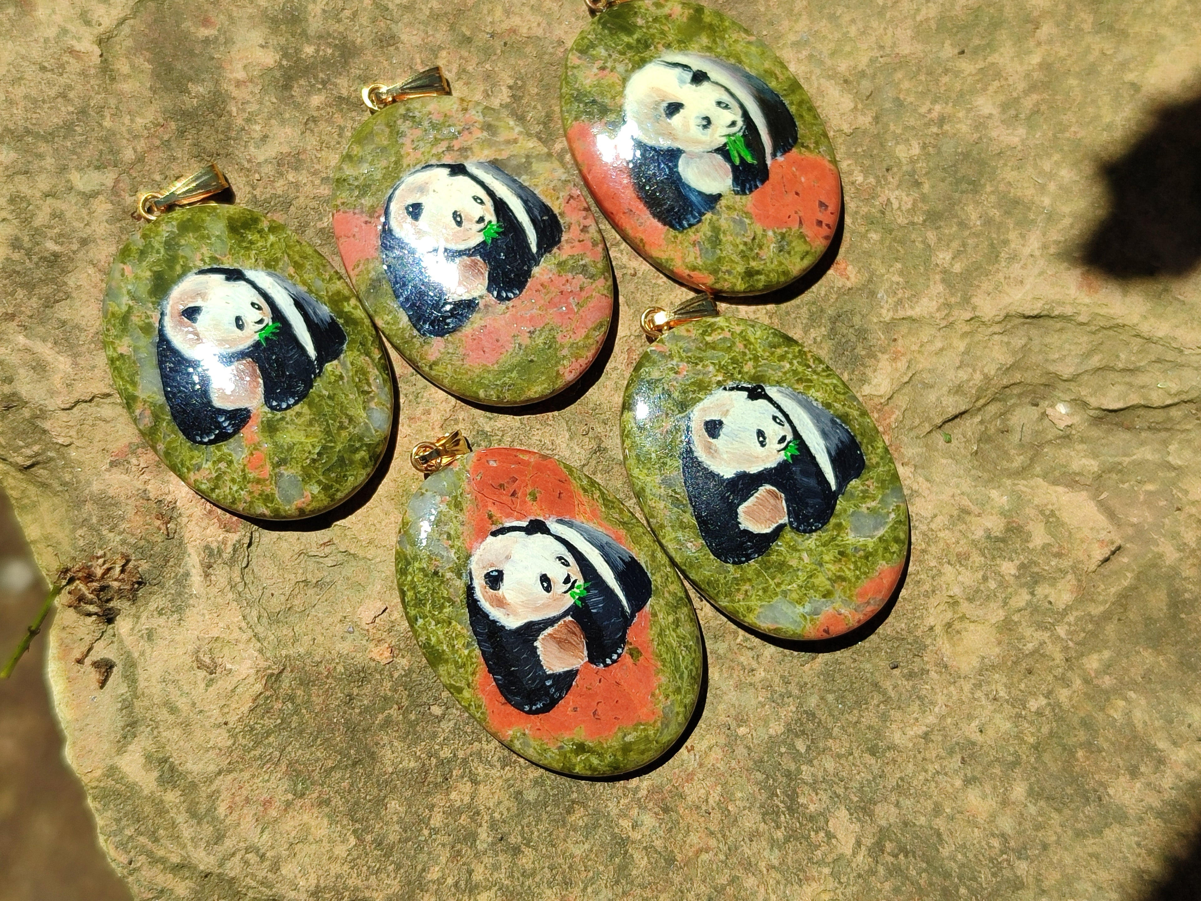Polished Unakite Pendant with Hand Painted Panda - Sold Per Item - From South Africa - Toprock Gemstones and Minerals 