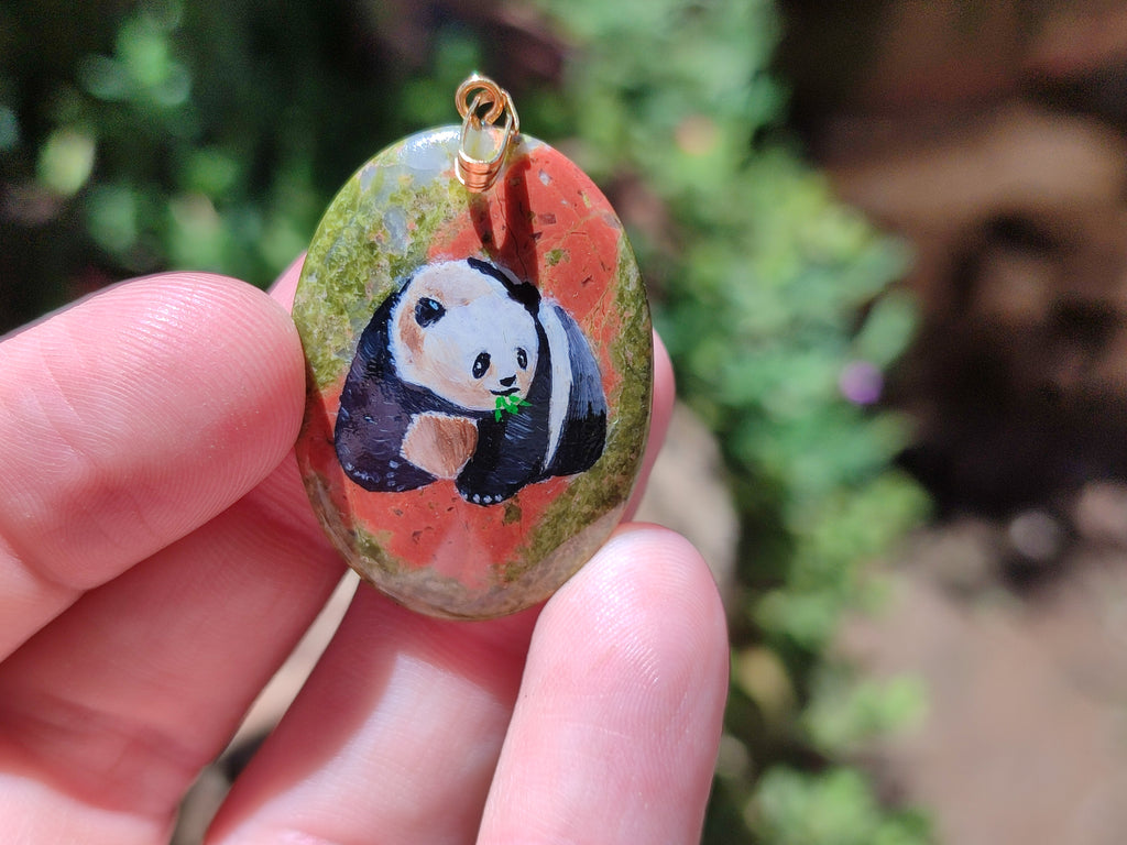 Polished Unakite Pendant with Hand Painted Panda - Sold Per Item - From South Africa - Toprock Gemstones and Minerals 