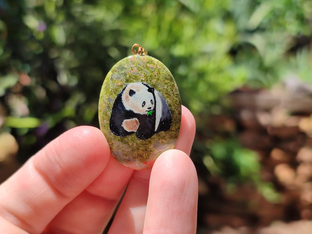 Polished Unakite Pendant with Hand Painted Panda - Sold Per Item - From South Africa - Toprock Gemstones and Minerals 