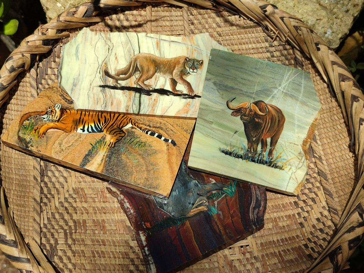 Hand Made Animal Decoupage Stone Slabs x 5 From Southern Africa - Toprock Gemstones and Minerals 