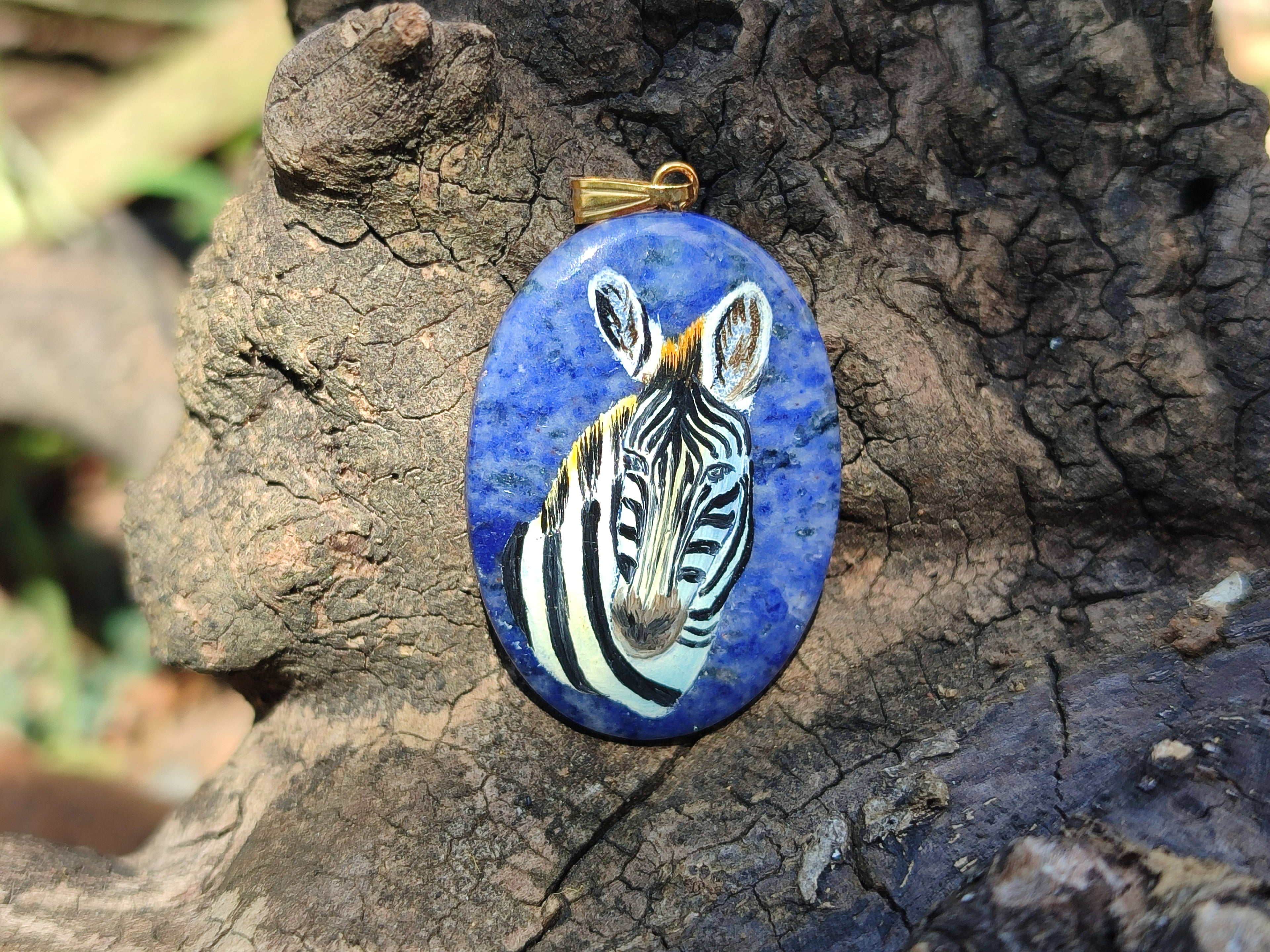 Polished Dumortierite Pendants with Hand Painted Zebras - sold per item - From Mozambique - Toprock Gemstones and Minerals 