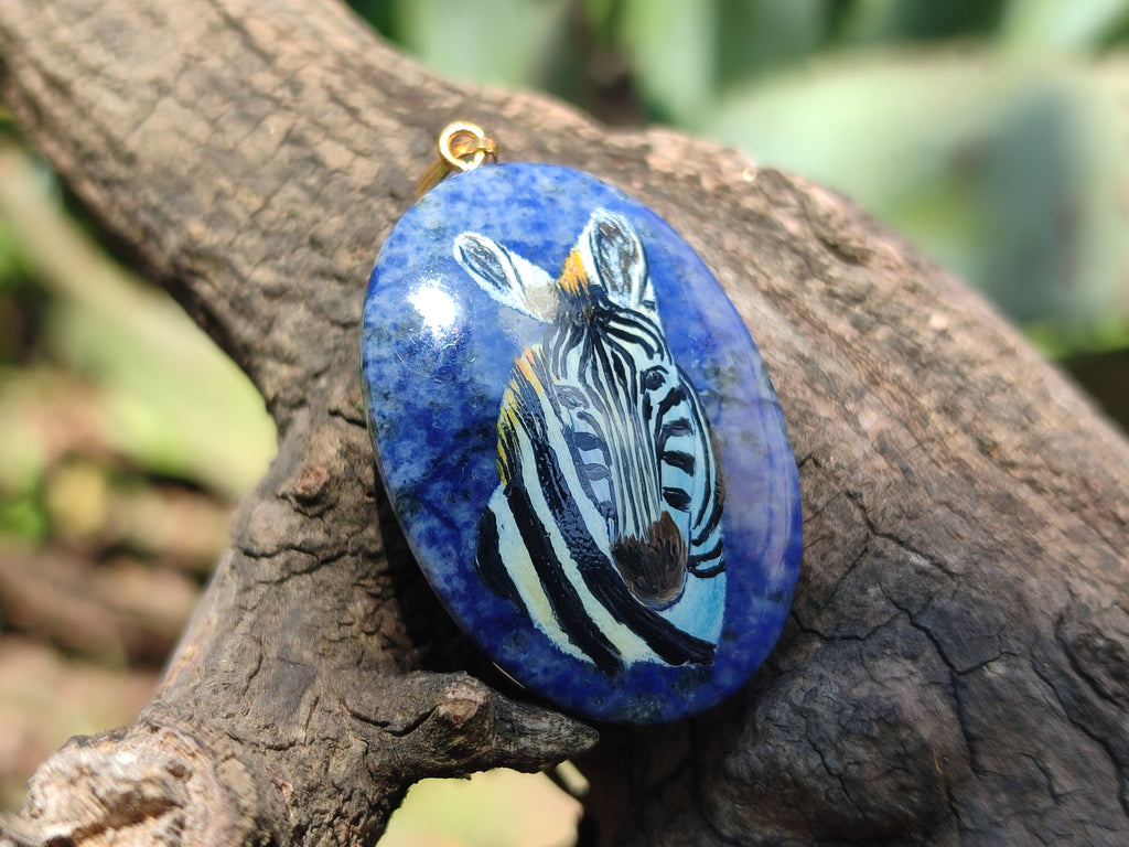 Polished Dumortierite Pendants with Hand Painted Zebras - sold per item - From Mozambique - Toprock Gemstones and Minerals 