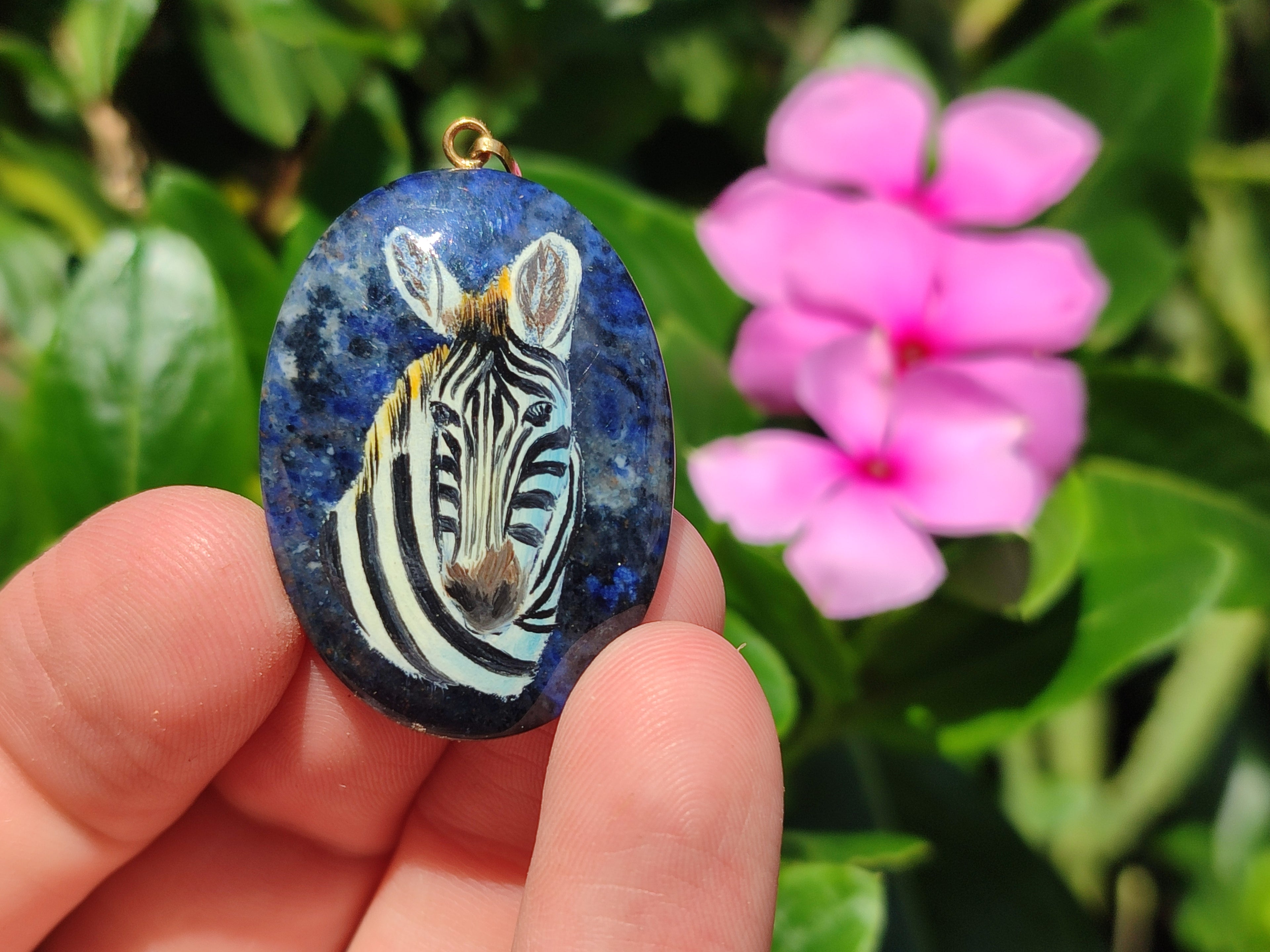 Polished Dumortierite Pendants with Hand Painted Zebras - sold per item - From Mozambique - Toprock Gemstones and Minerals 
