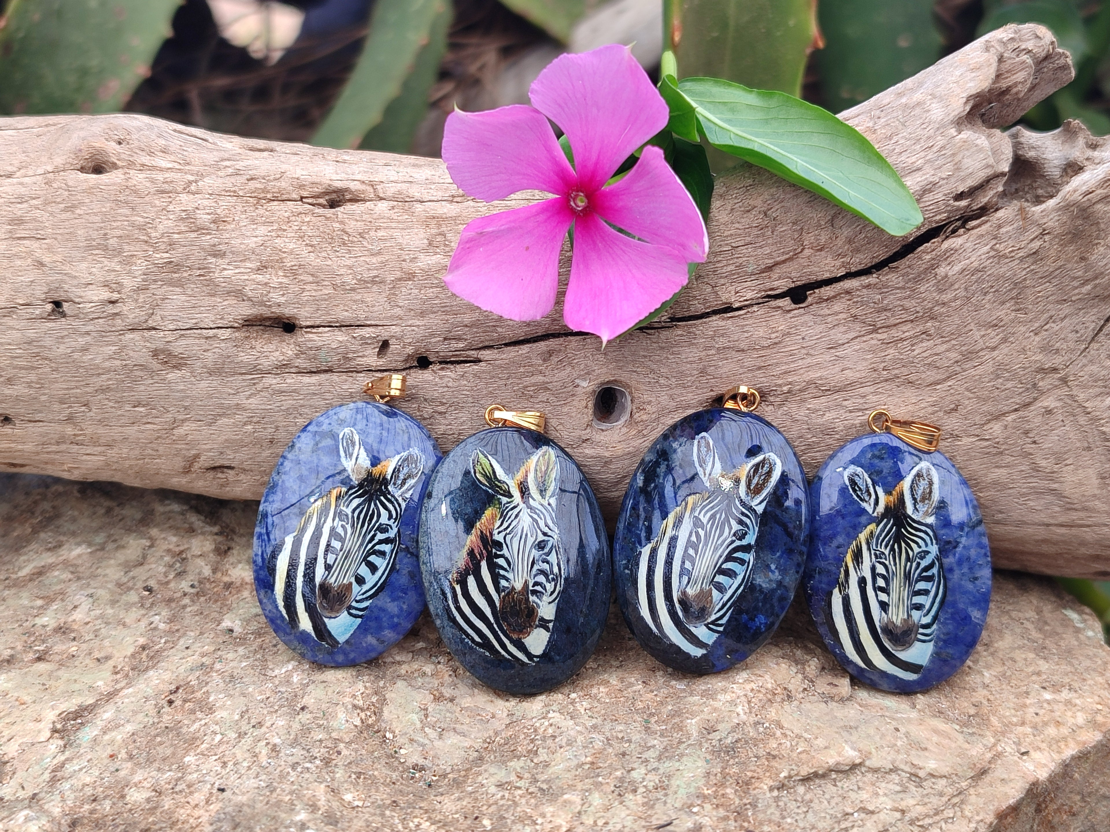 Polished Dumortierite Pendants with Hand Painted Zebras - sold per item - From Mozambique - Toprock Gemstones and Minerals 