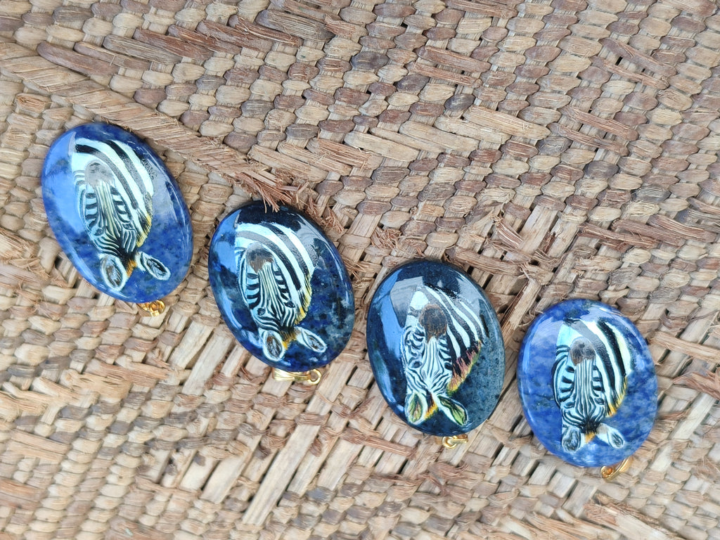 Polished Dumortierite Pendants with Hand Painted Zebras - sold per item - From Mozambique - Toprock Gemstones and Minerals 