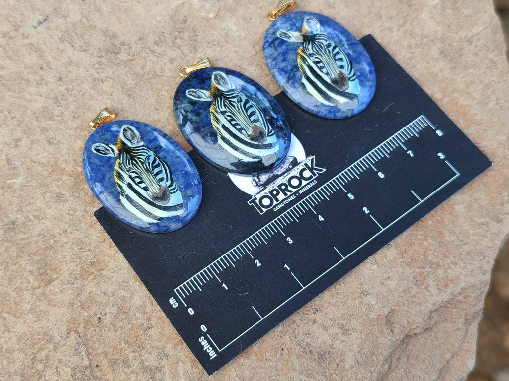 Polished Dumortierite Pendants with Hand Painted Zebras - sold per item - From Mozambique - Toprock Gemstones and Minerals 