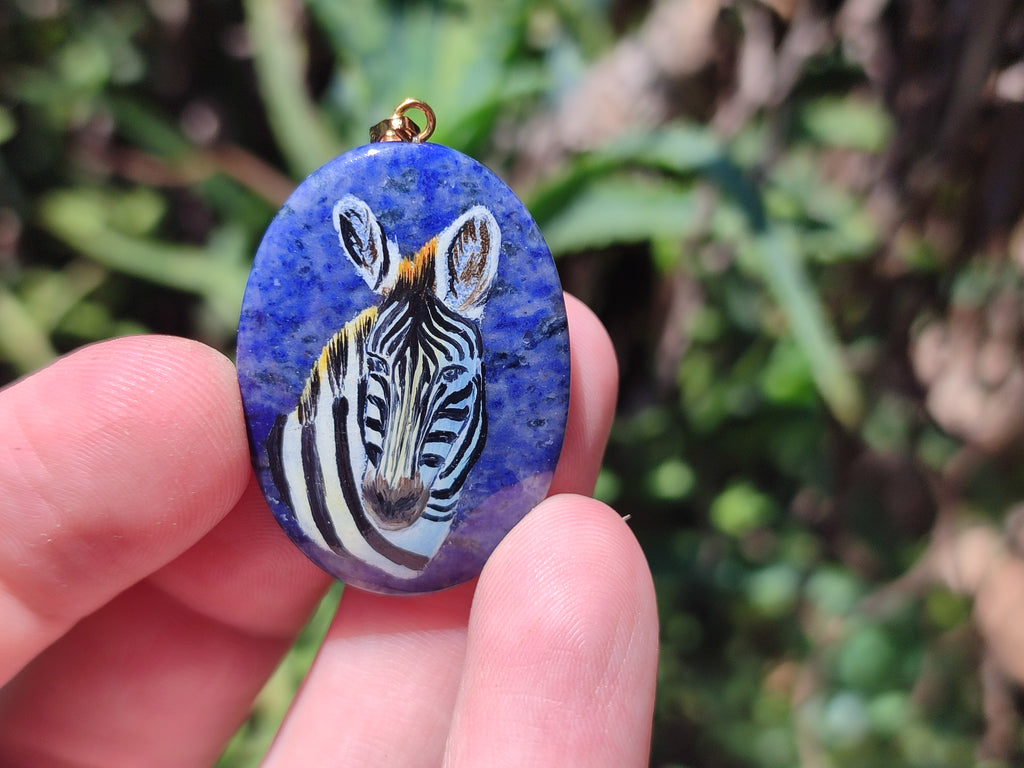 Polished Dumortierite Pendants with Hand Painted Zebras - sold per item - From Mozambique - Toprock Gemstones and Minerals 