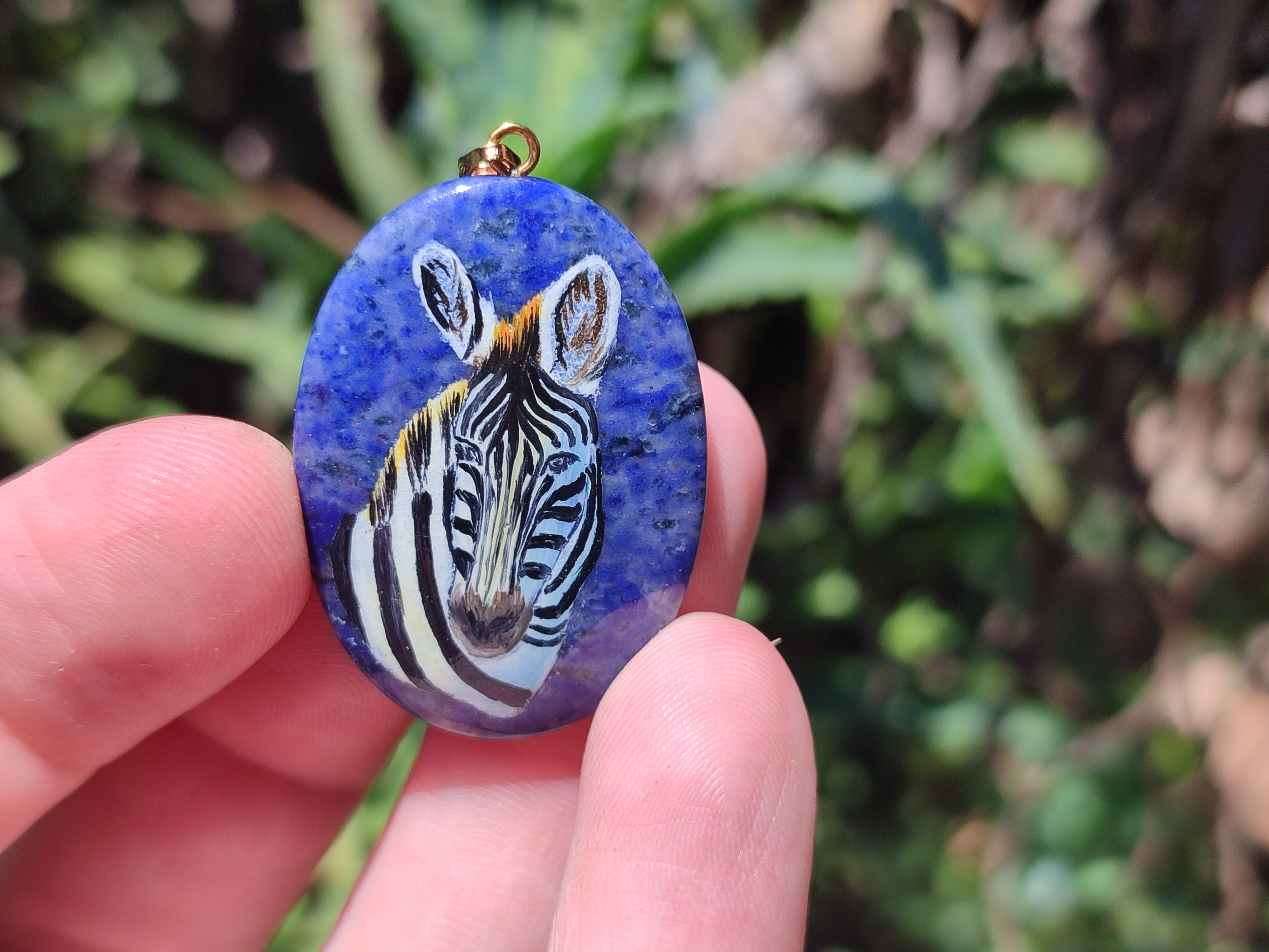 Polished Dumortierite Pendants with Hand Painted Zebras - sold per item - From Mozambique - Toprock Gemstones and Minerals 