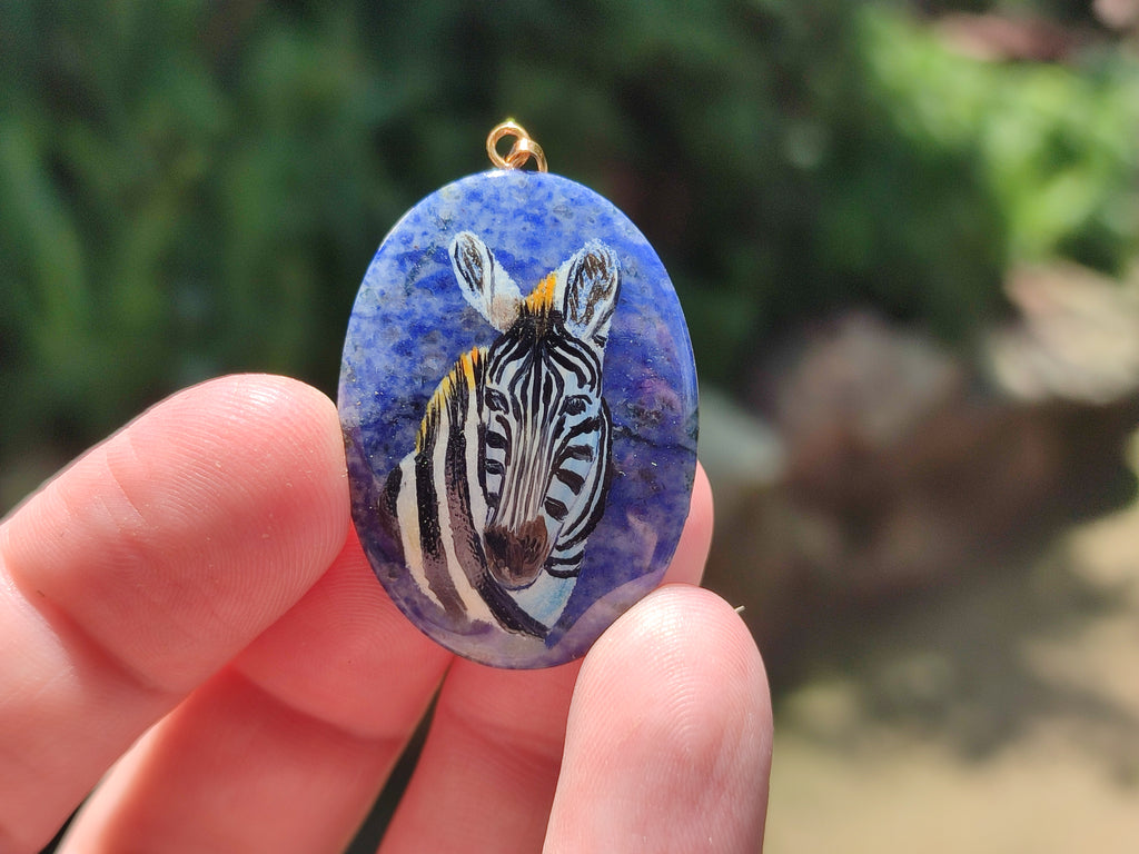 Polished Dumortierite Pendants with Hand Painted Zebras - sold per item - From Mozambique - Toprock Gemstones and Minerals 