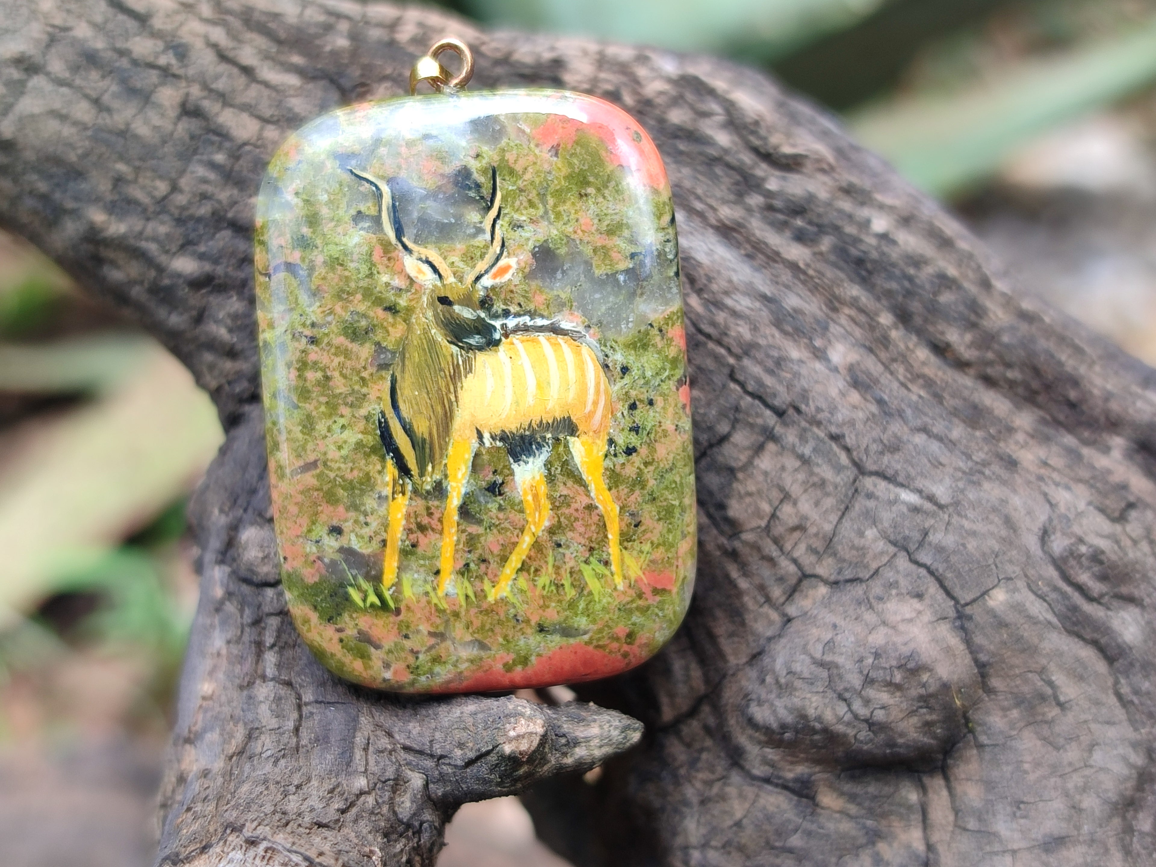 Polished Unakite Pendant with Hand Painted Kudu - Sold Per Item - From South Africa - Toprock Gemstones and Minerals 